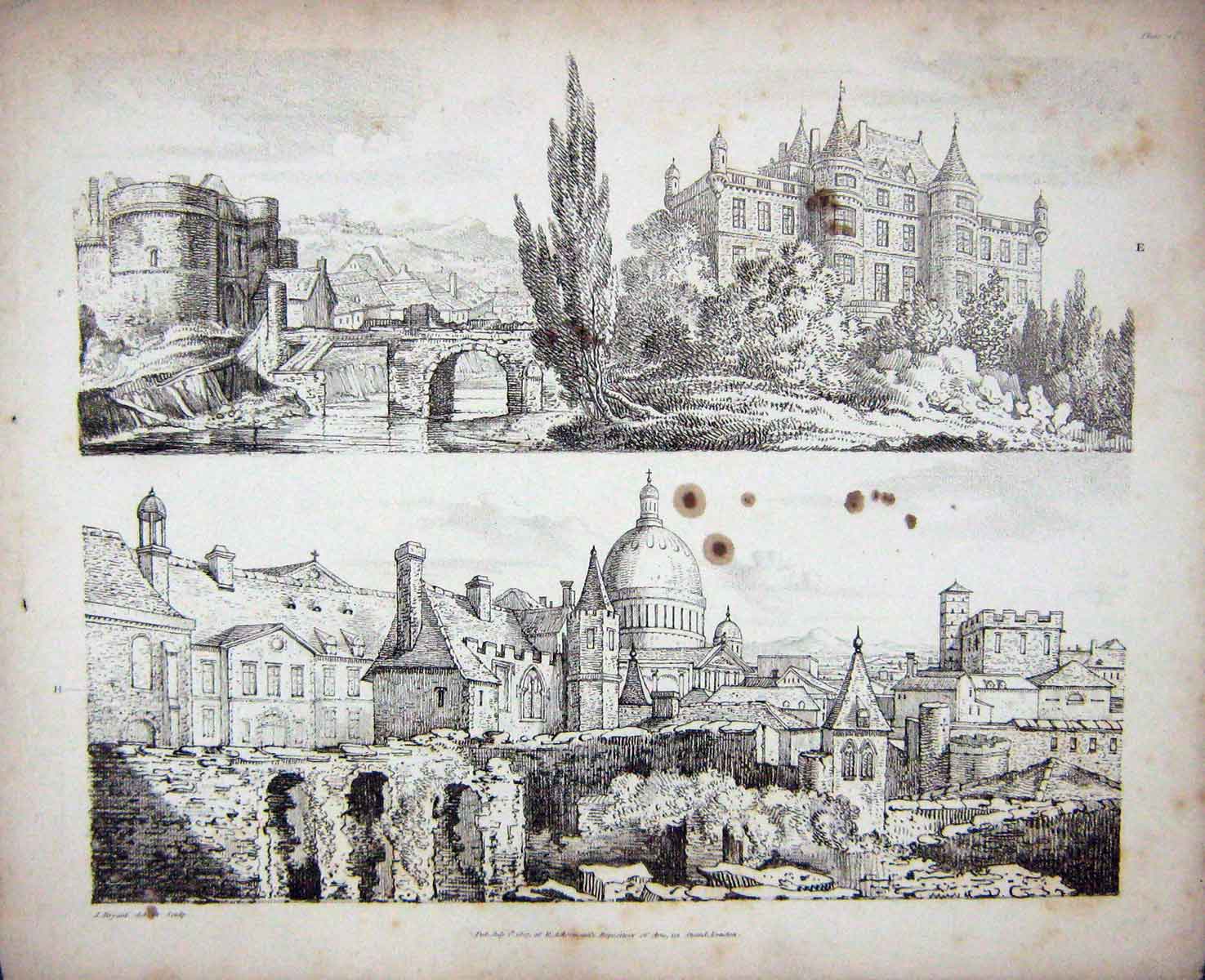 Old Antique Print 1807 Mansion House River Bridge Architecture Ackermann 19th