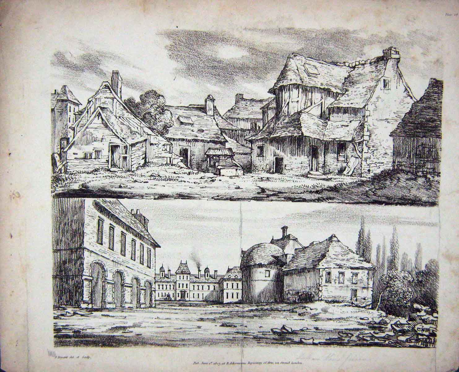 Original Old Antique Print 1807 Houses Buildings Town Bryant Ackermann London