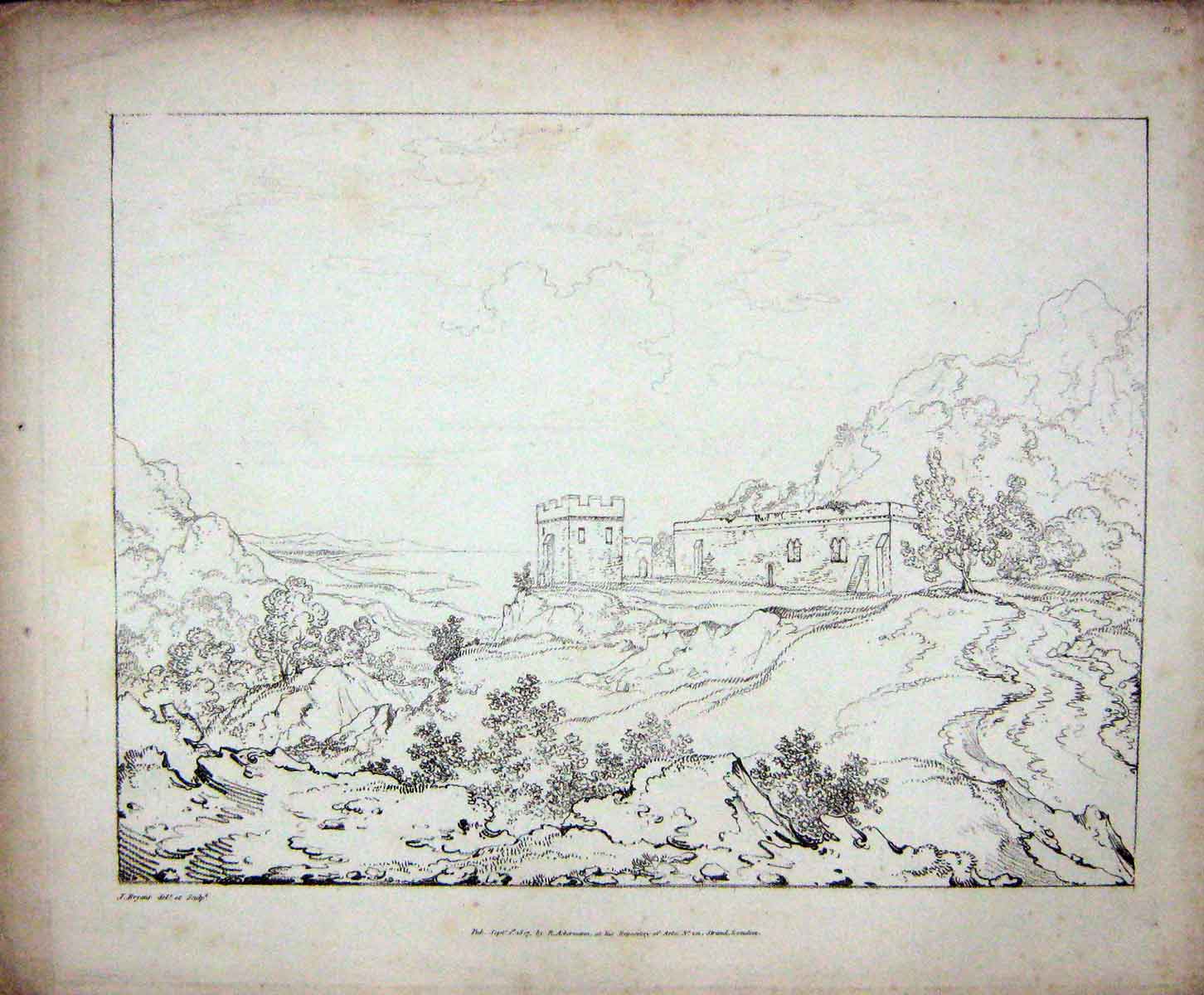Original Old Antique Print 1807 Landscape Mountains Castle Ackermann Bryant