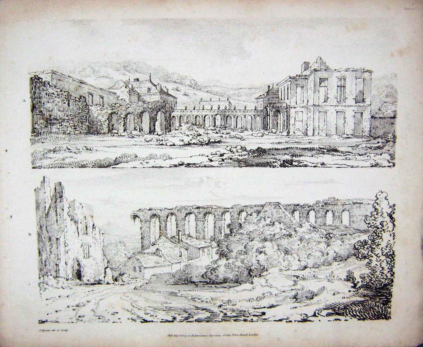 Original Old Antique Print 1807 Ruins Buildings Architecture Ackermann Bryant