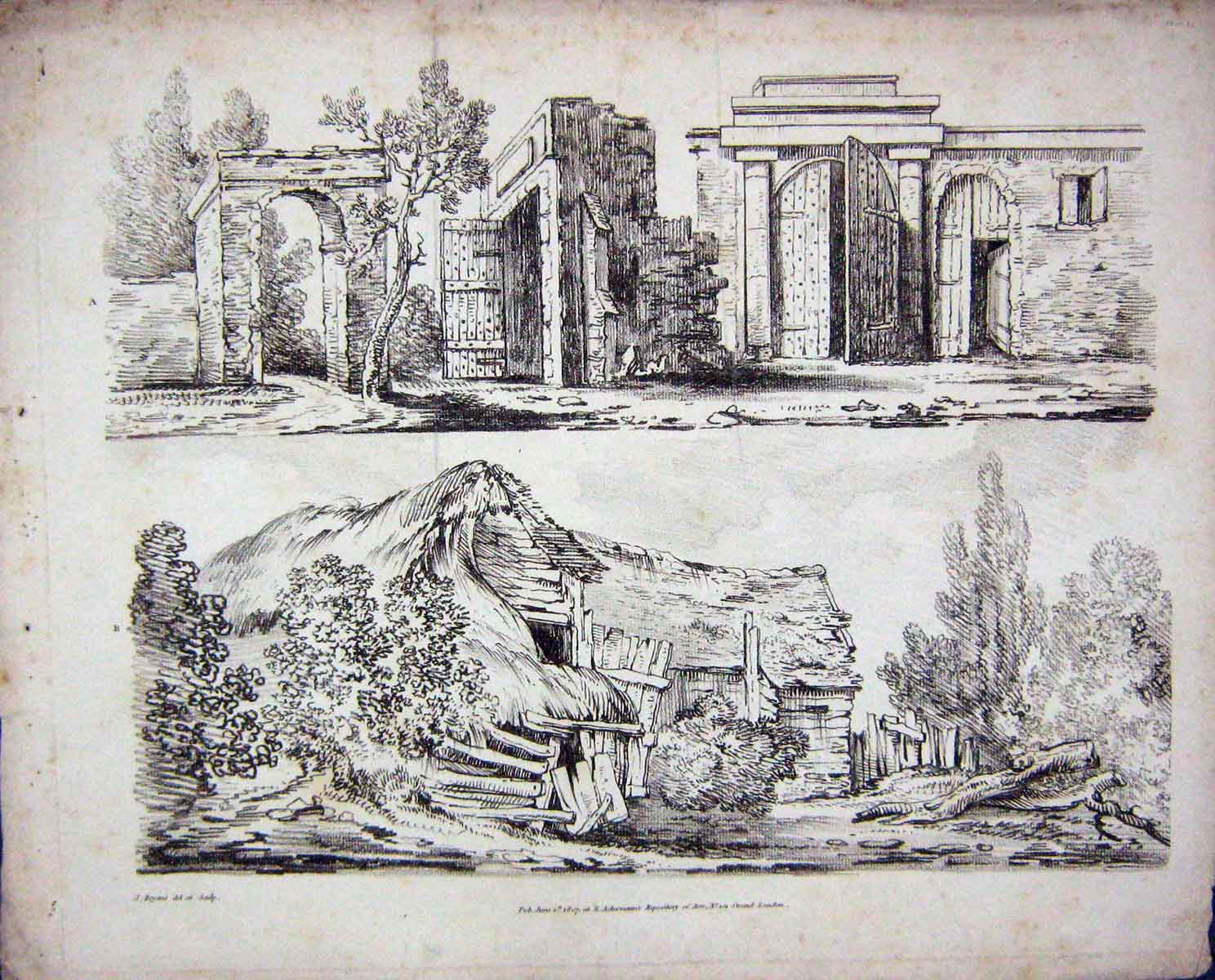 Original Old Antique Print 1807 Houses Buildings Countryside Ackermann Bryant