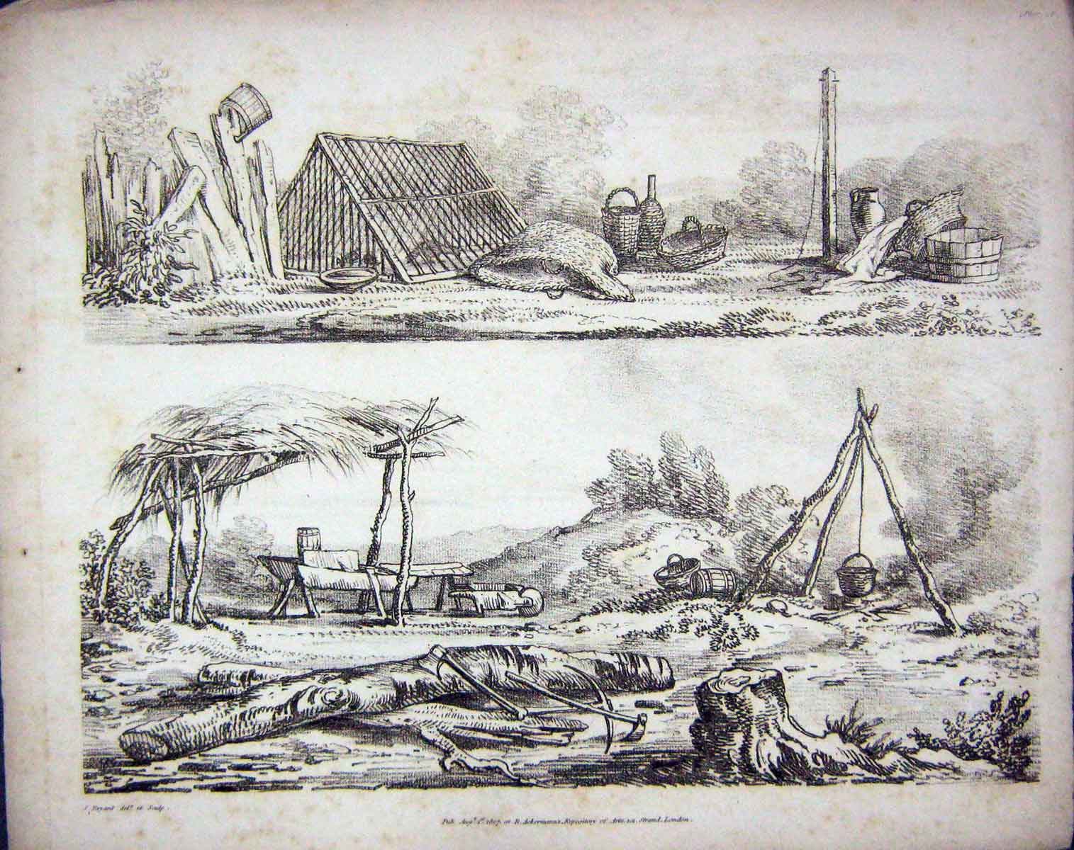 Old Antique Print 1807 Tools Implements Baskets Farmyard Ackermann Bryant 19th