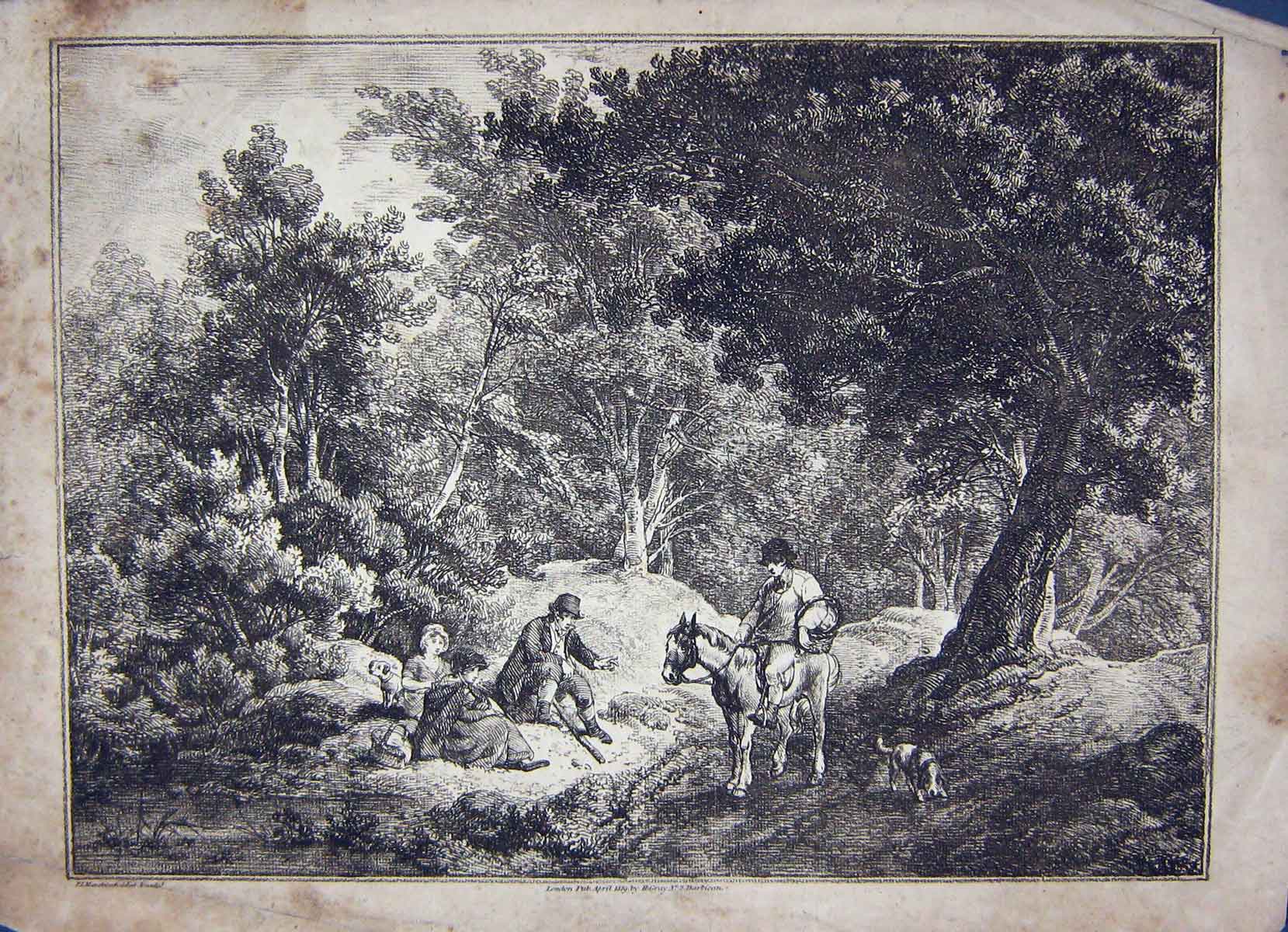 Old Antique Print 1819 Landscape Man Horse Family Picnic Ackermann Bryant 19th