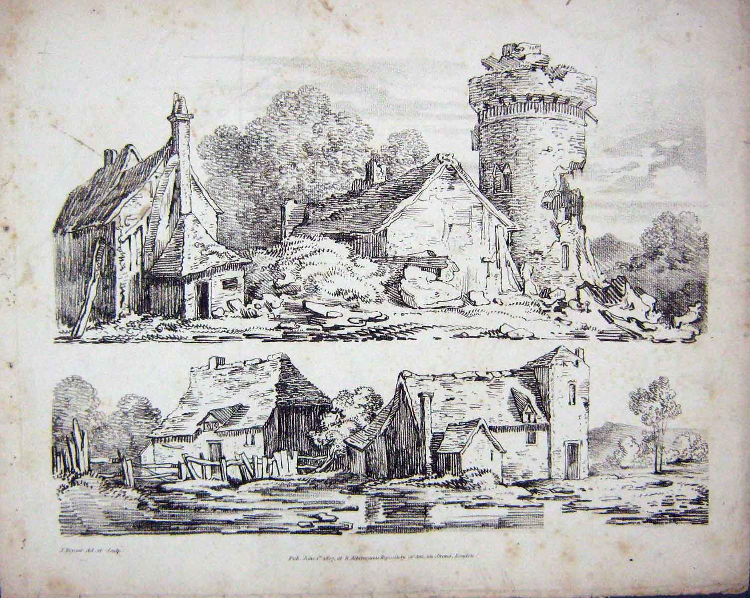 Old Antique Print 1807 Ruins Castle Houses Architecture Ackermann Bryant 19th
