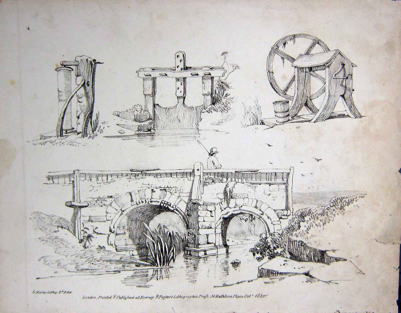 Original Old Antique Print 1820 River Bridge Mill Man Fishing Harley Rowney