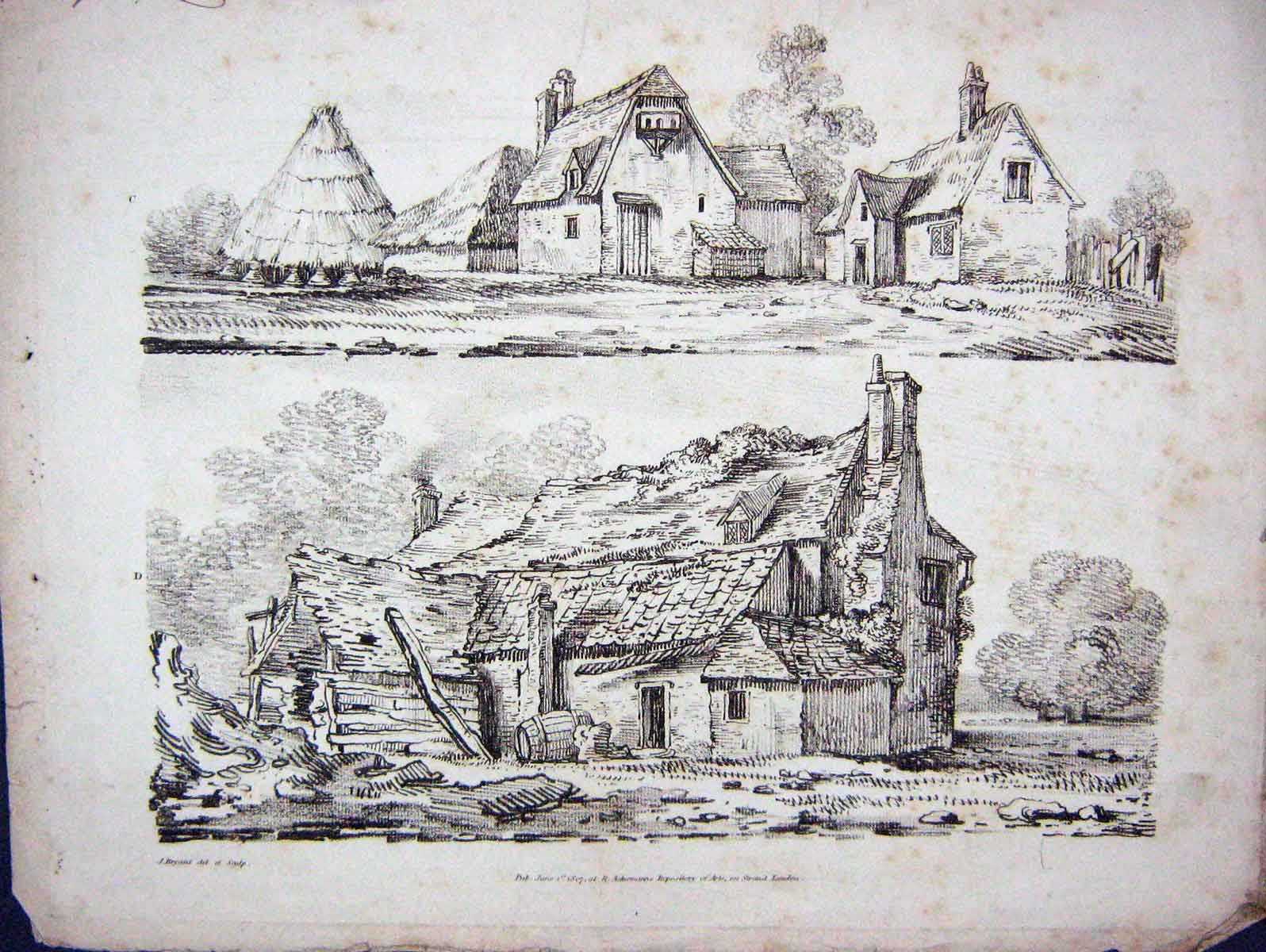 Original Old Antique Print 1807 Houses Ruins Architecture Ackermann Bryant 19th