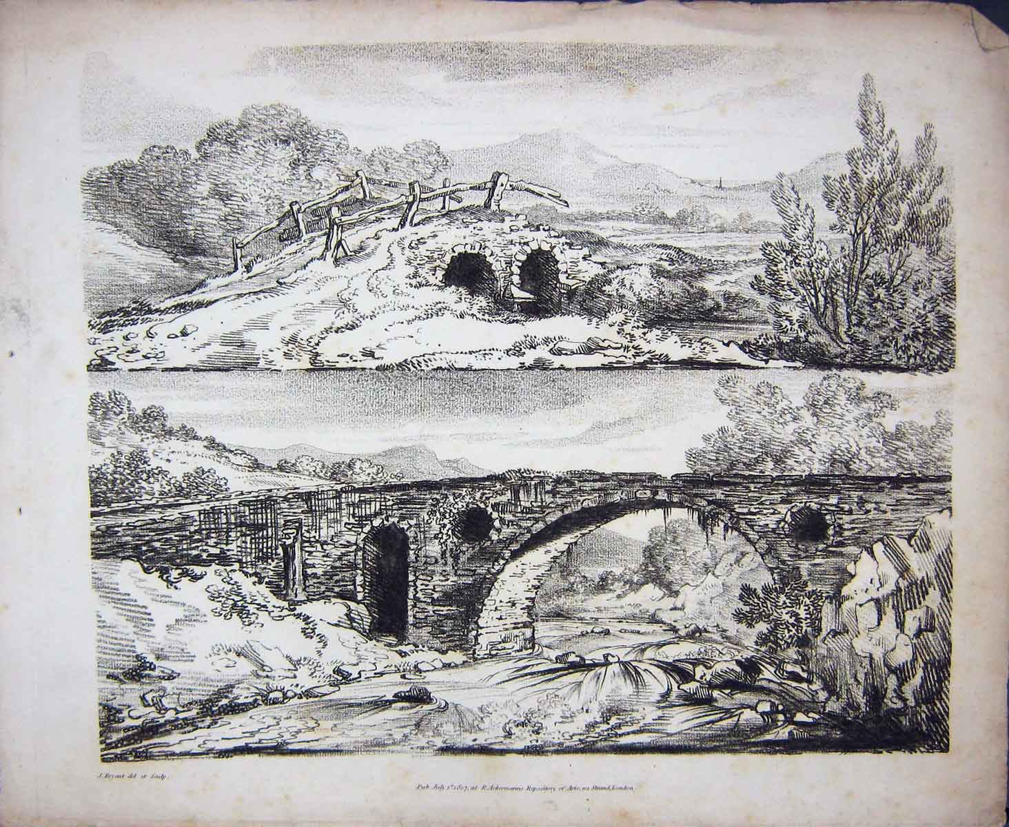 Original Old Antique Print 1807 River Bridge Trees Mountains Ackermann Bryant