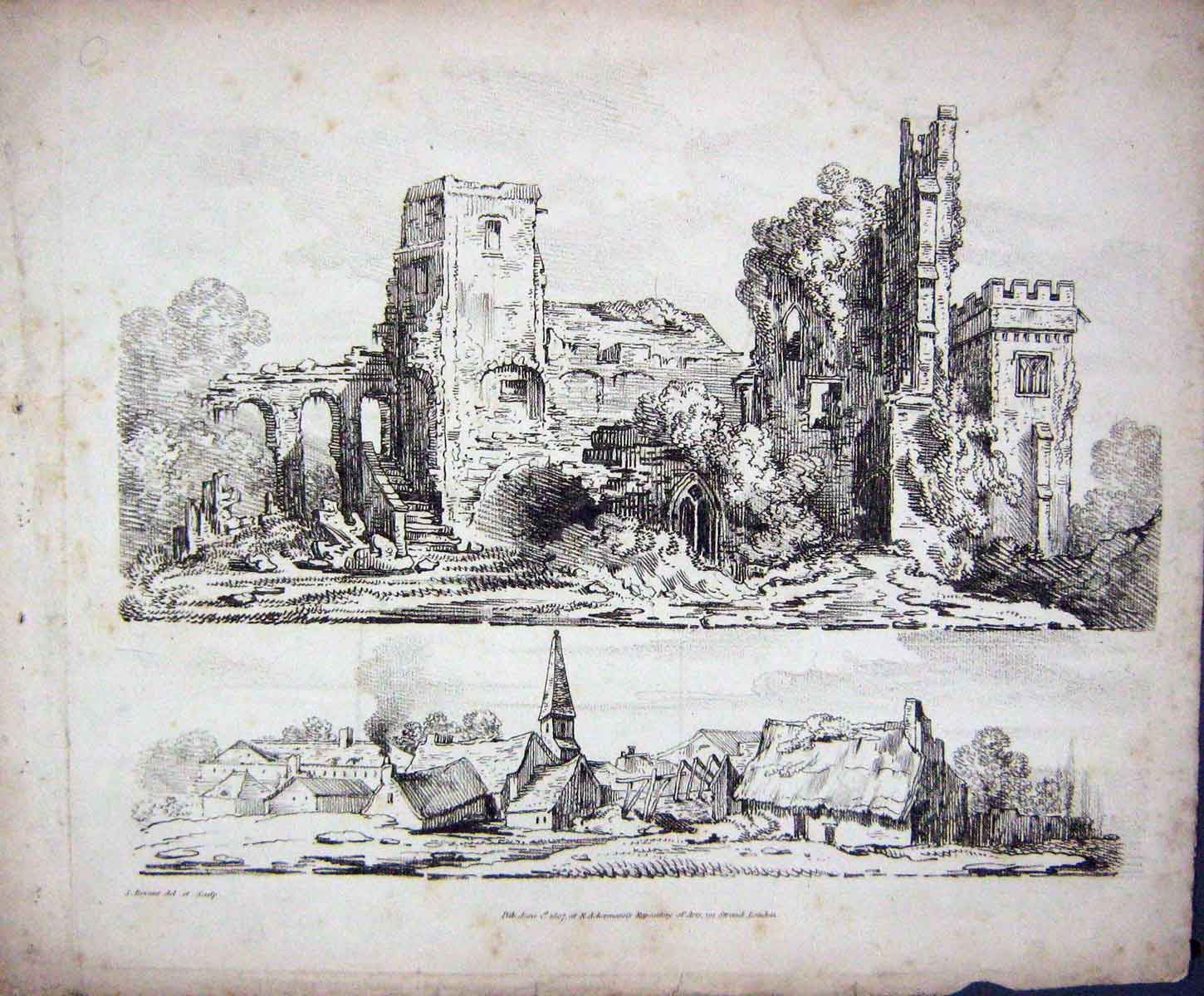 Old Antique Print 1807 Ruins Castle Church Houses Architecture Ackermann 19th