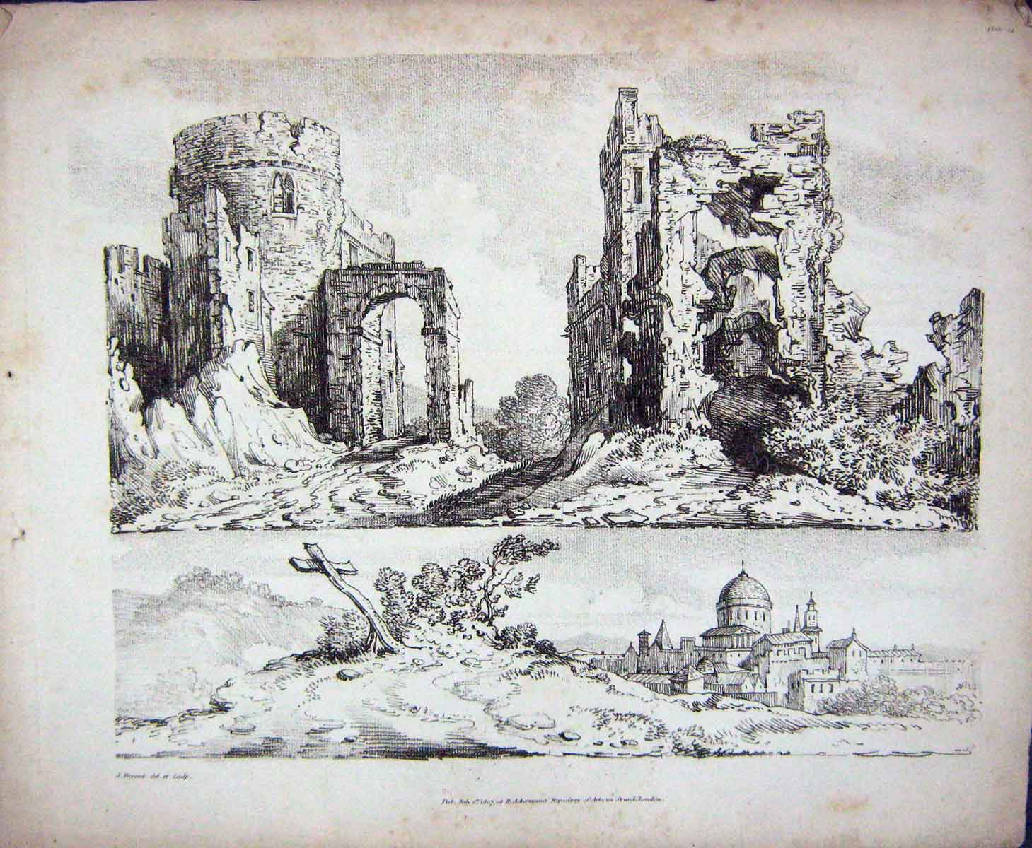 Original Old Antique Print 1807 Castle Ruins Architecture Ackermann Bryant 19th