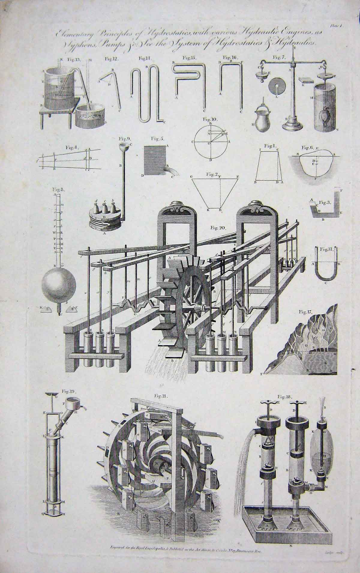 Old Antique Print Hydraulics Hydrostatics Engines Machinery Instruments