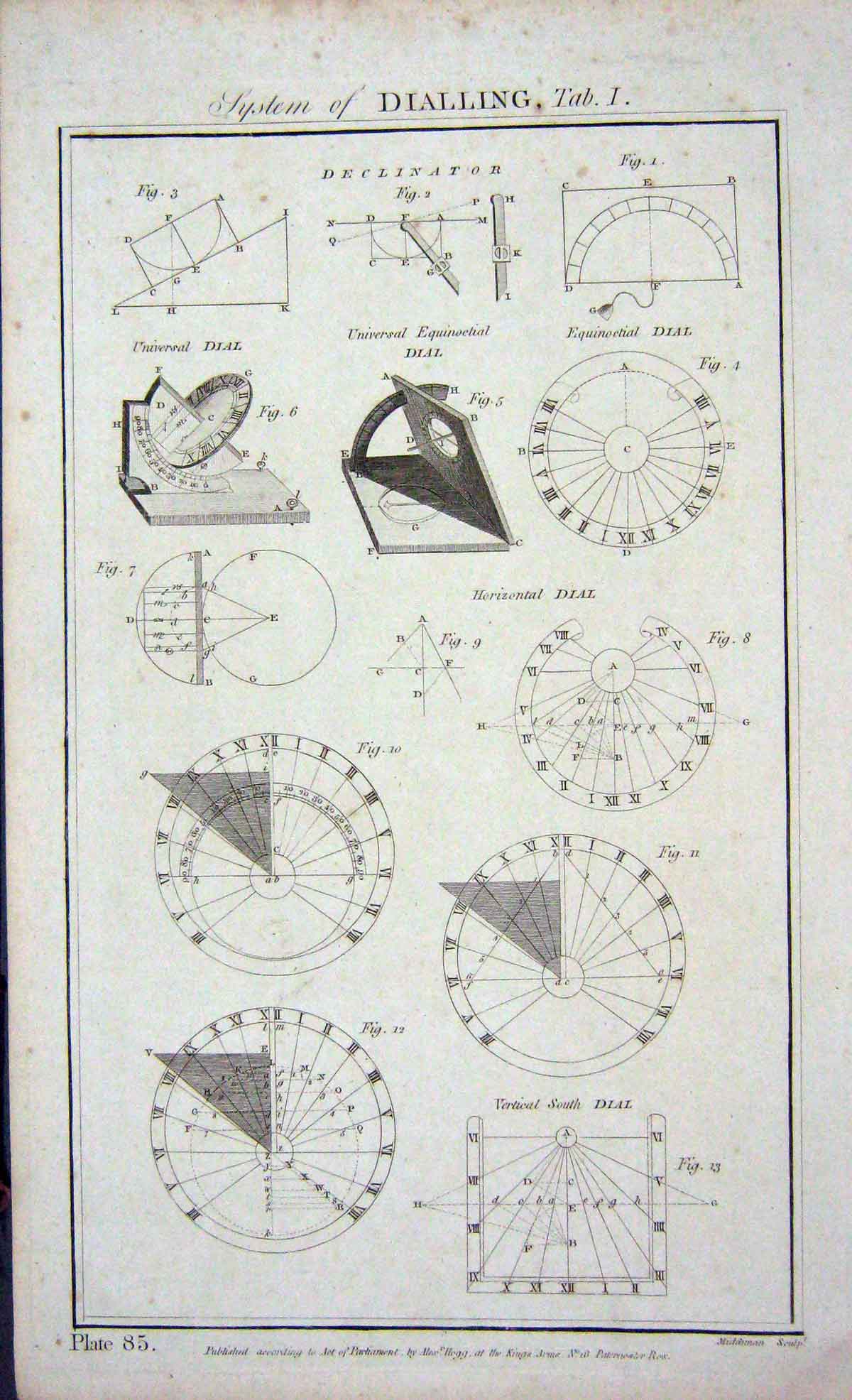 Original Old Antique Print System Dialling Horizontal Dial Vertical Equinoctial