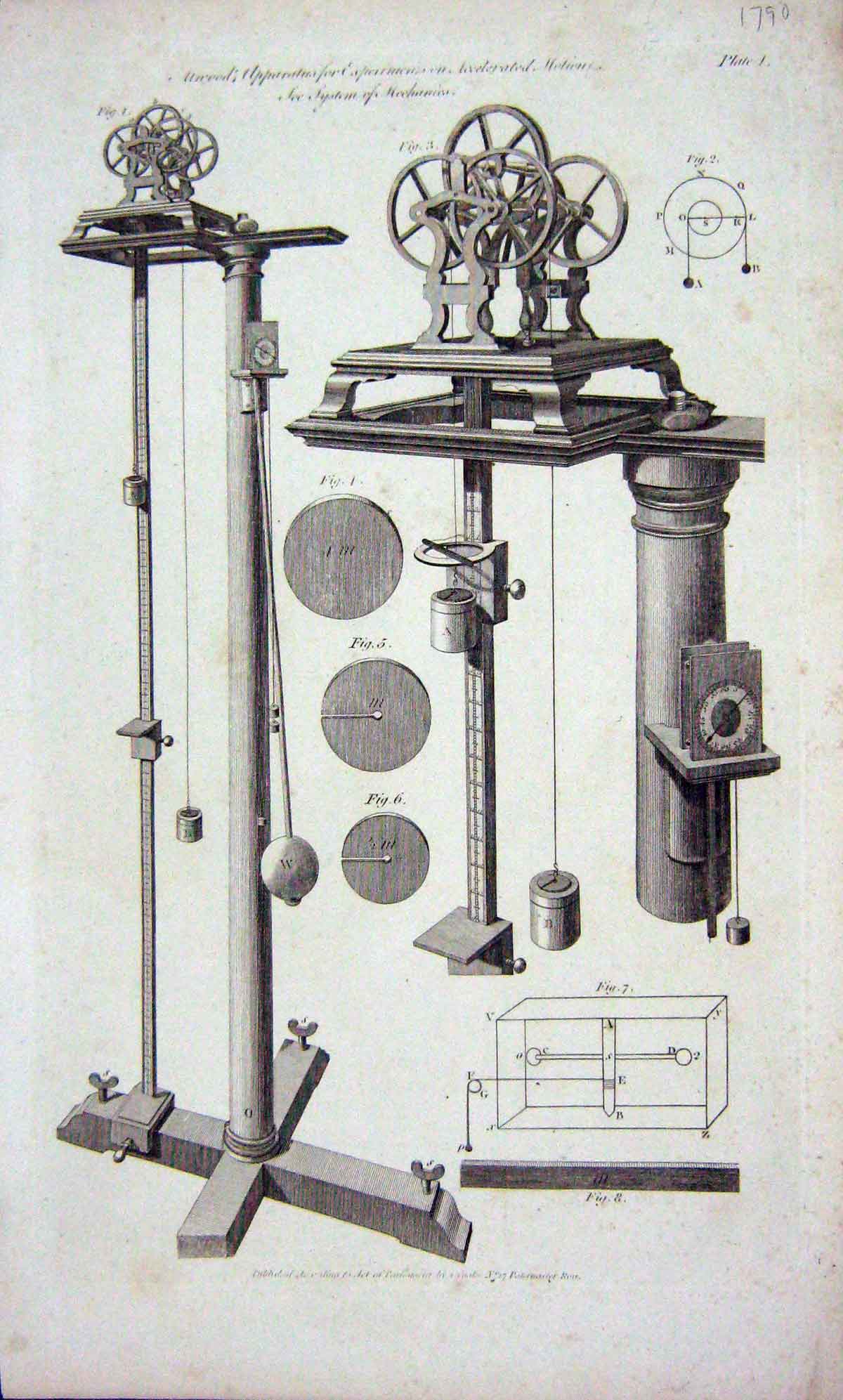 Original Old Antique Print Apparatus Experiments Motion System Mechanics