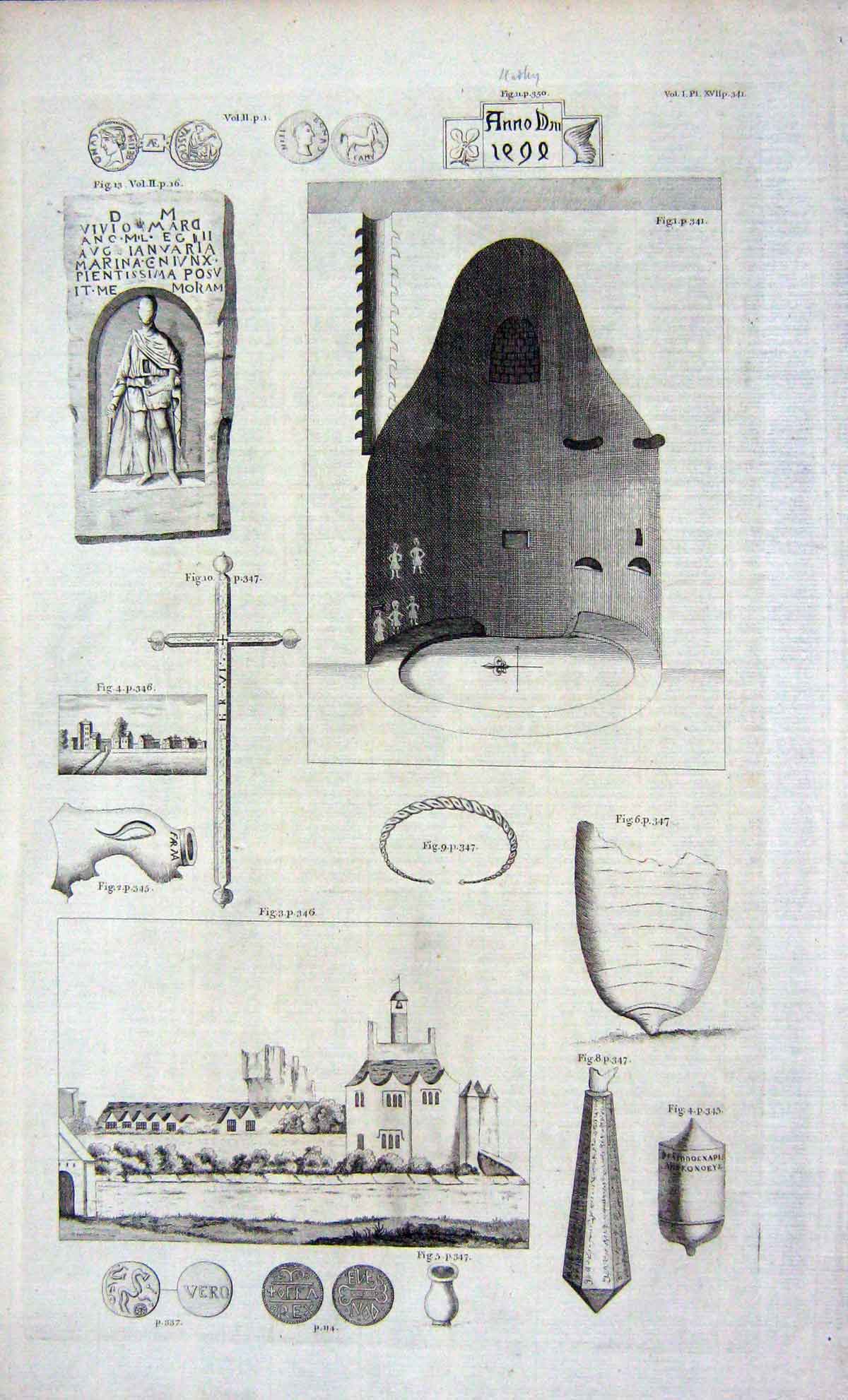 Original Old Antique Print House Architecture Cross Furnace Herts