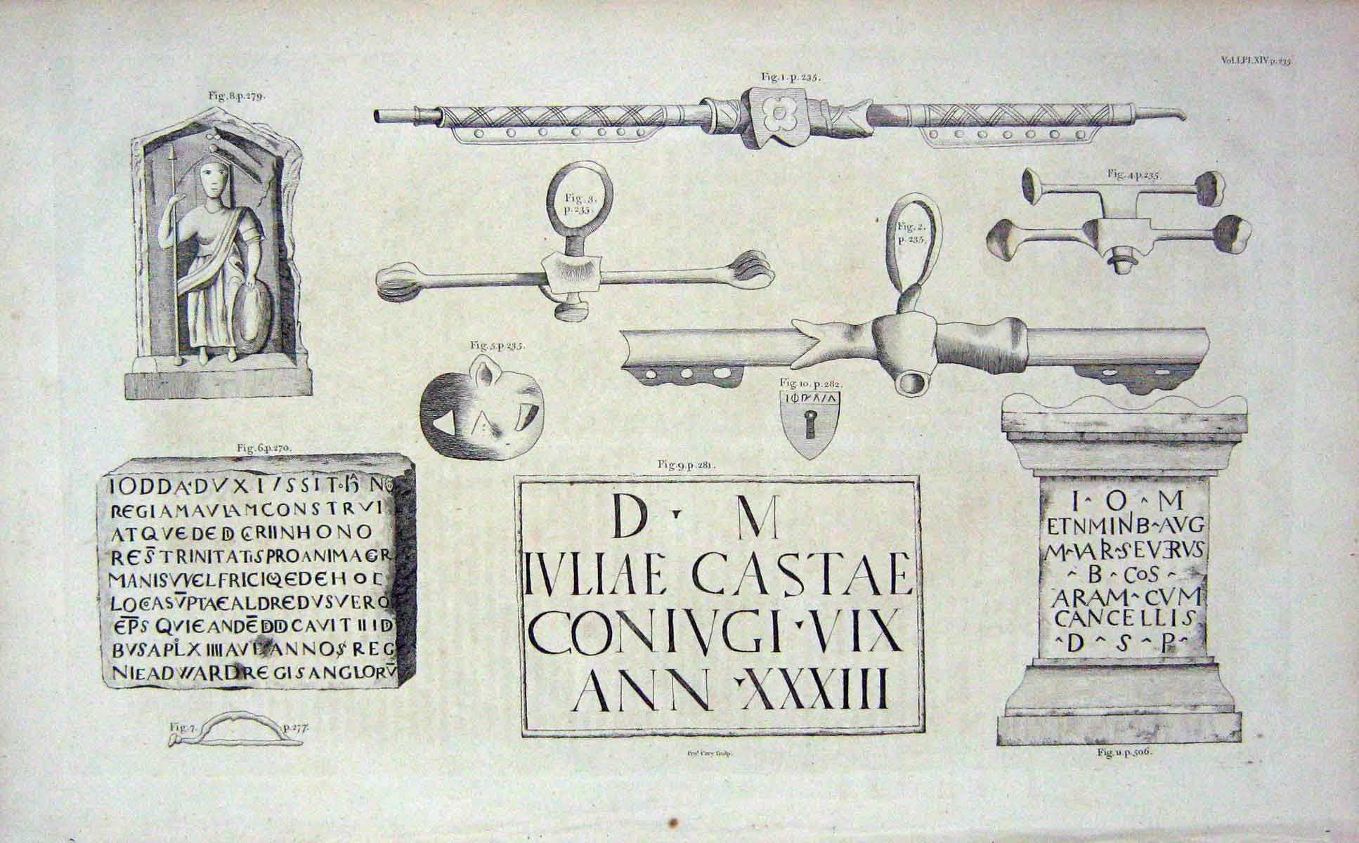 Original Old Antique Print Roman Writing Shapes Tools Implements