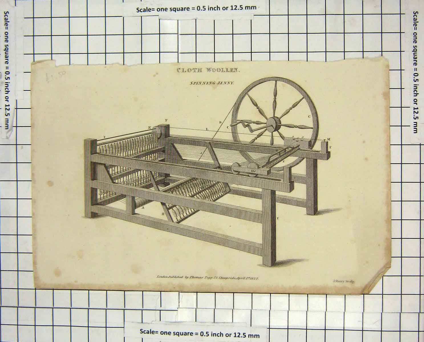 Original Old Antique Print 1827 Cloth Woollen Spinning Jenny Wheel Industry