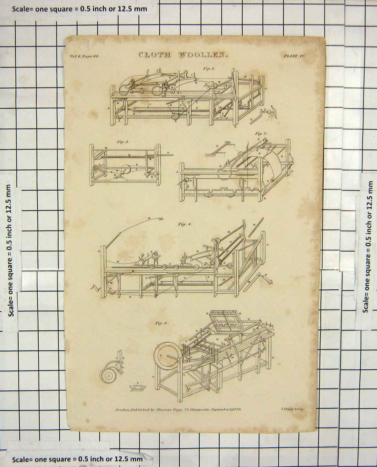 Original Old Antique Print 1829 Cloth Woollen Spinning Wheel Manufacture 19th