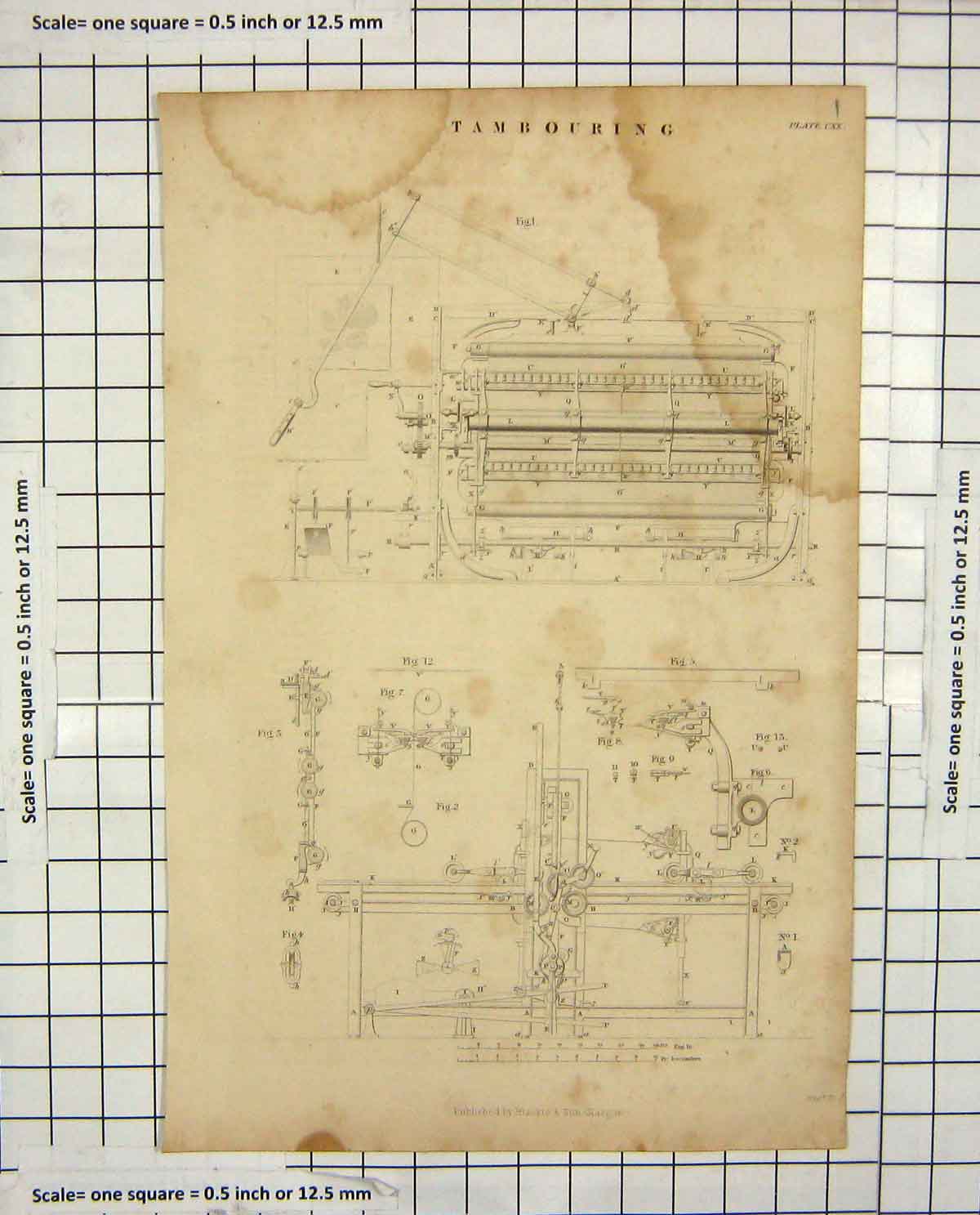 Original Old Antique Print Tambouring Machinery Insturments Diagrams