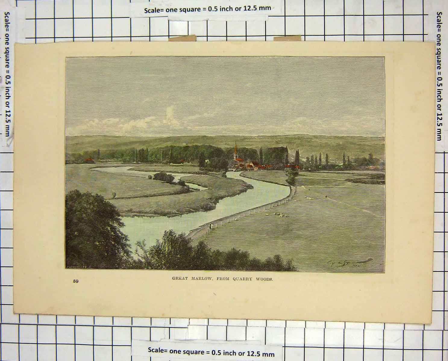 Original Old Antique Print Colour View Great Marlow Quarry Woods River