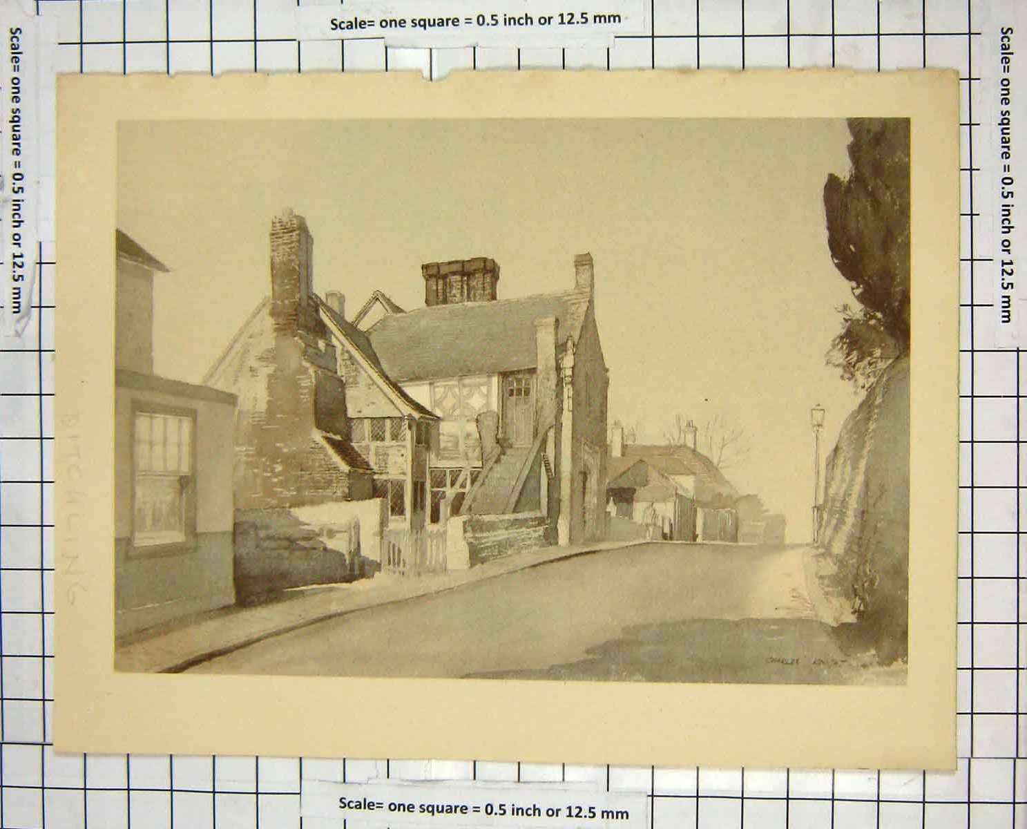 Original Old Antique Print Street Scene Charles Knight View Ditchling Houses