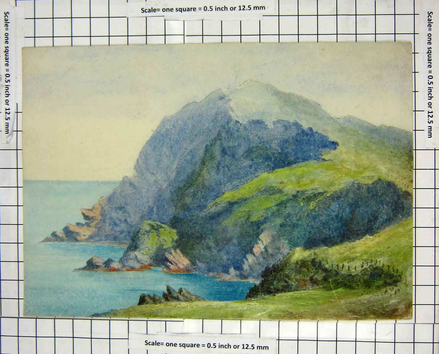 Original Old Antique Print Colour Sea Cliffs Green Fence Countryside