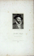 Original Old Antique Print 1823 Portrait Walter Raleigh Pye Engraving 19th
