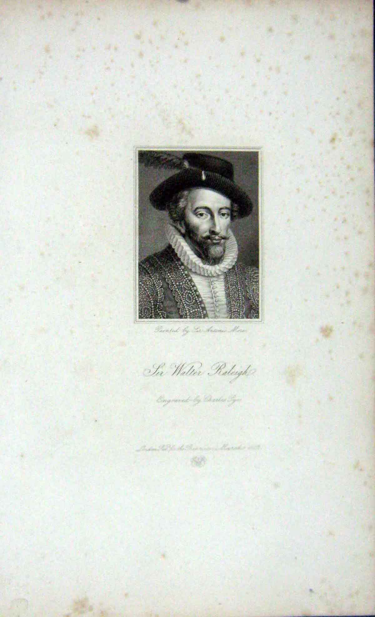 Original Old Antique Print 1823 Portrait Walter Raleigh Pye Engraving 19th