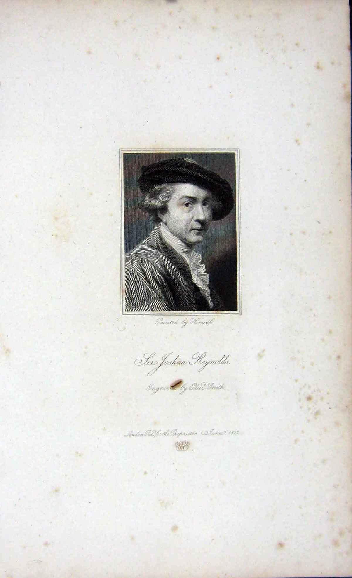 Original Old Antique Print 1823 Portrait Joshua Reyns Smith Engraving 19th