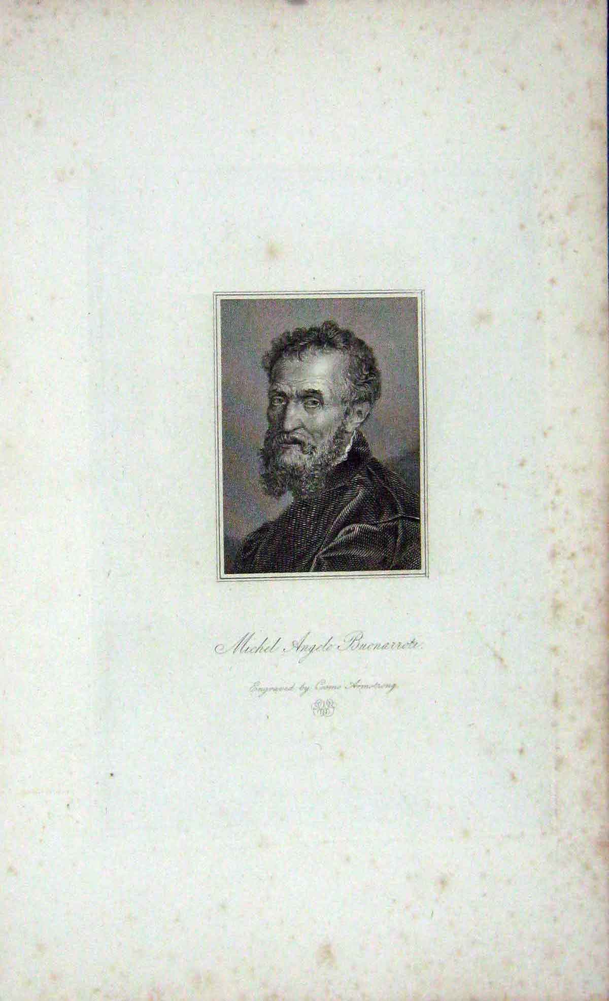 Original Old Antique Print 1823 Portrait Michel Angelo Buonarroti 19th Century