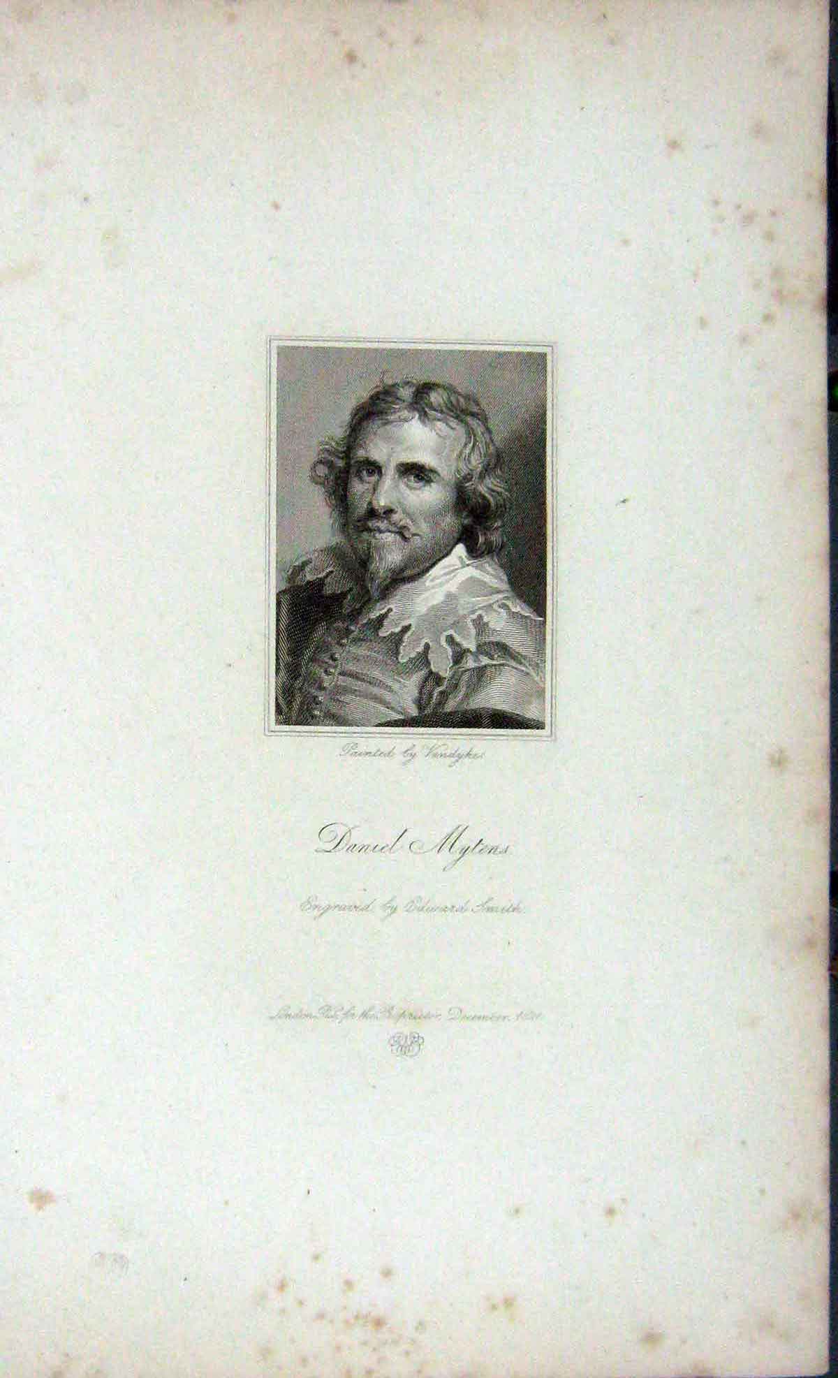 Original Old Antique Print 1823 Portrait Daniel Mytens Smith Engraving 19th