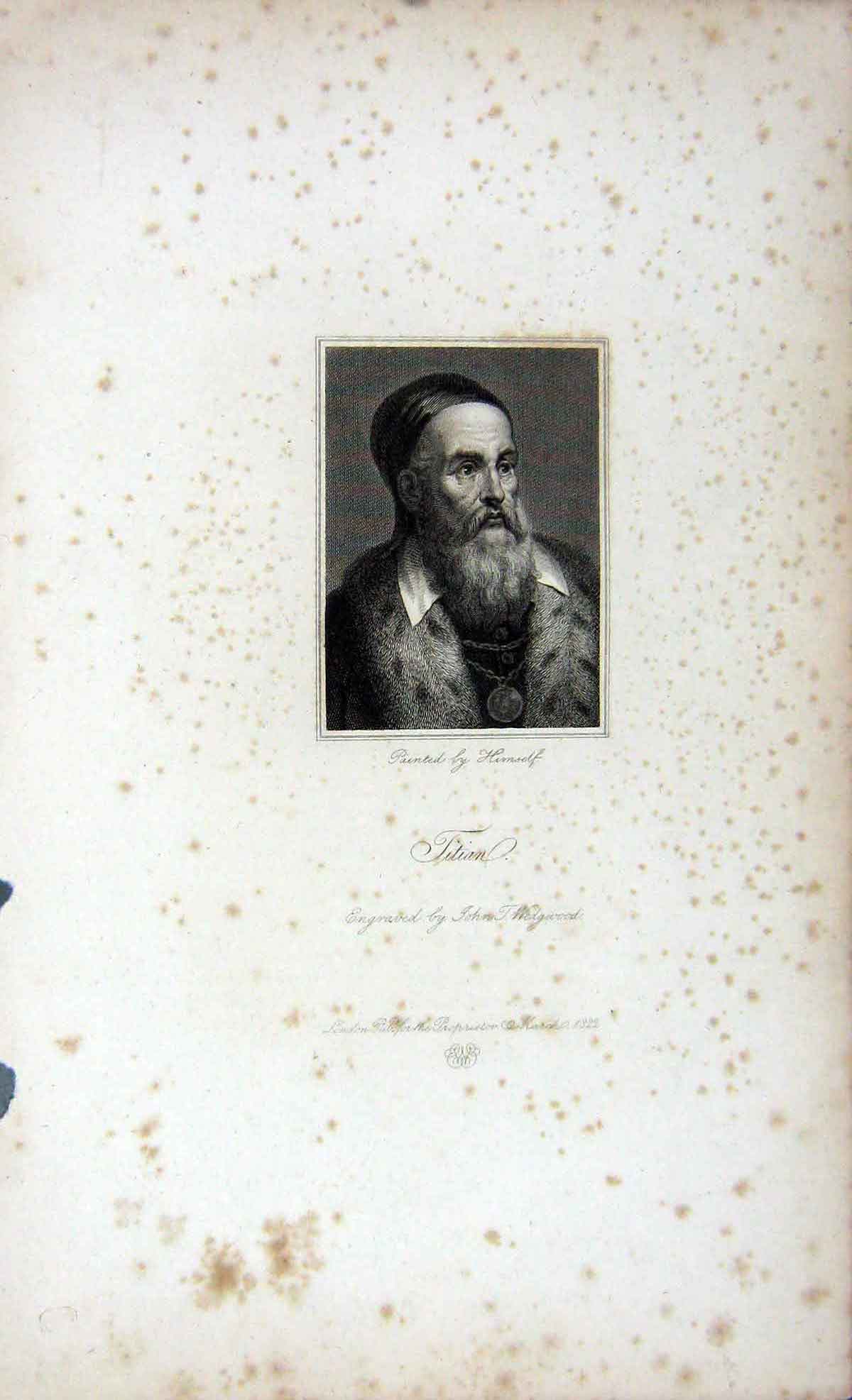 Original Old Antique Print 1823 Portrait Titian Wedgwood Engraving 19th Century