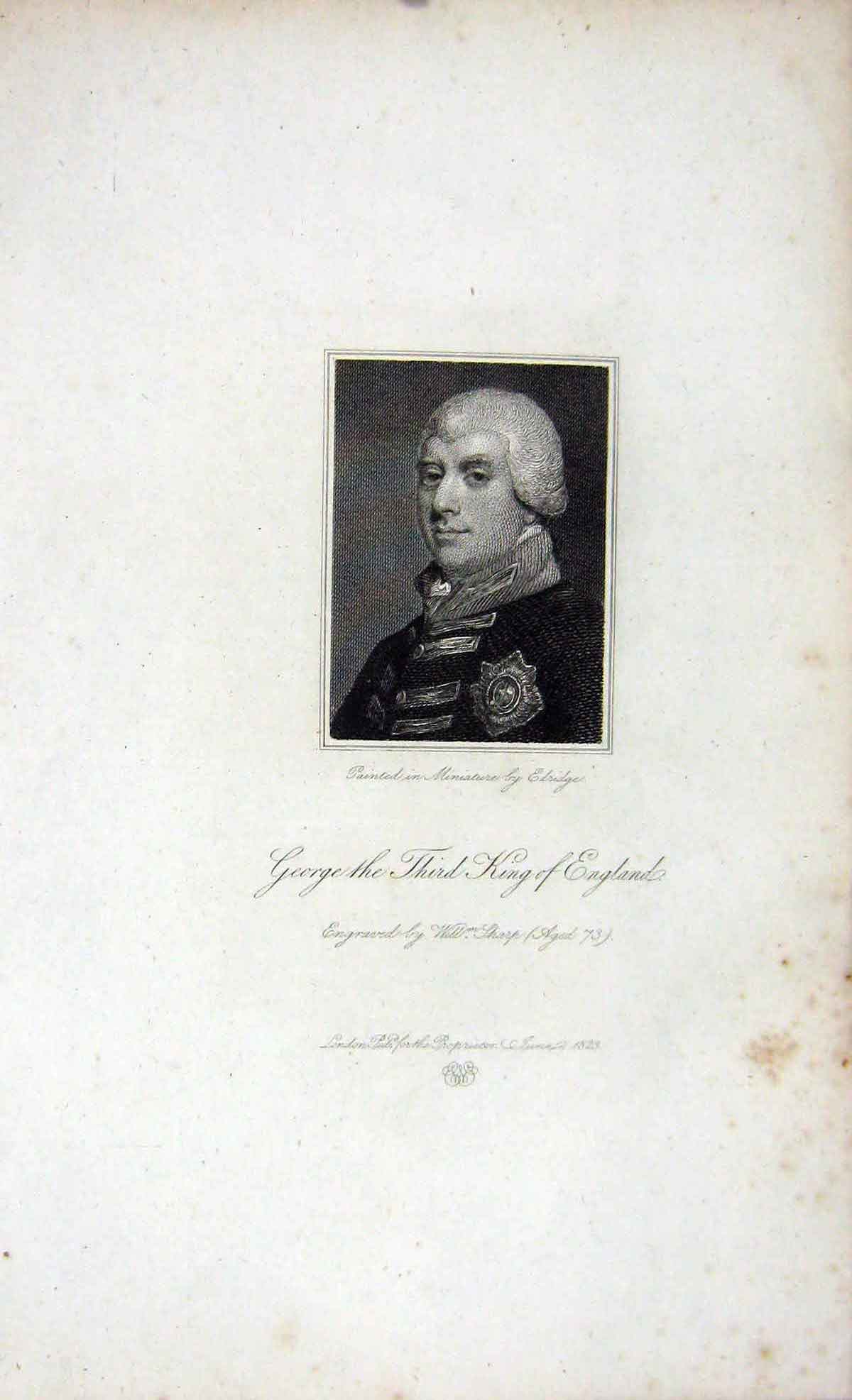 Original Old Antique Print 1823 Portrait George King England Sharp 19th Century