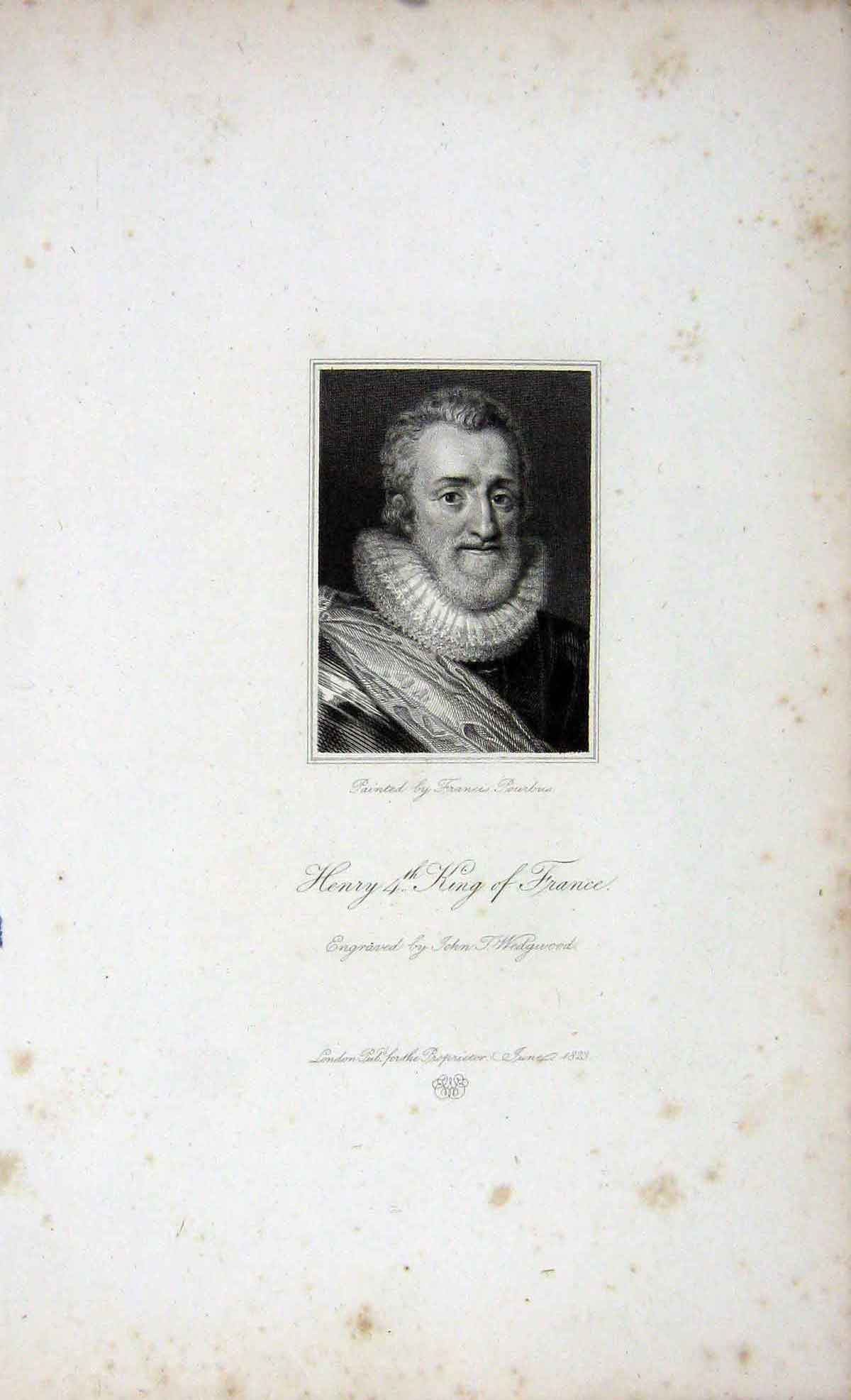Original Old Antique Print 1823 Portrait Henry King France Wedgwood 19th