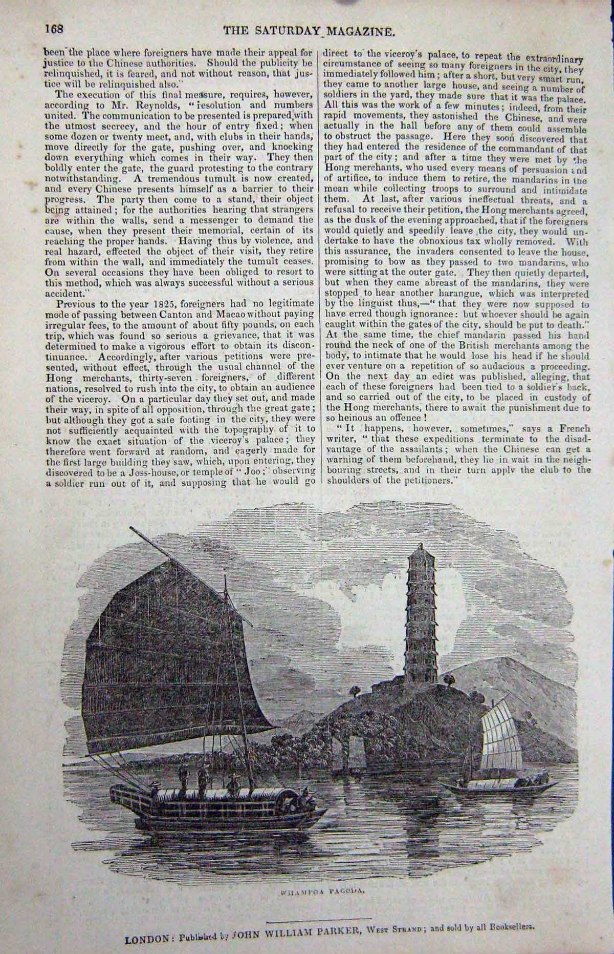 Original Old Antique Print 1837 Scene Whampoa Pagoda River Boats 19th