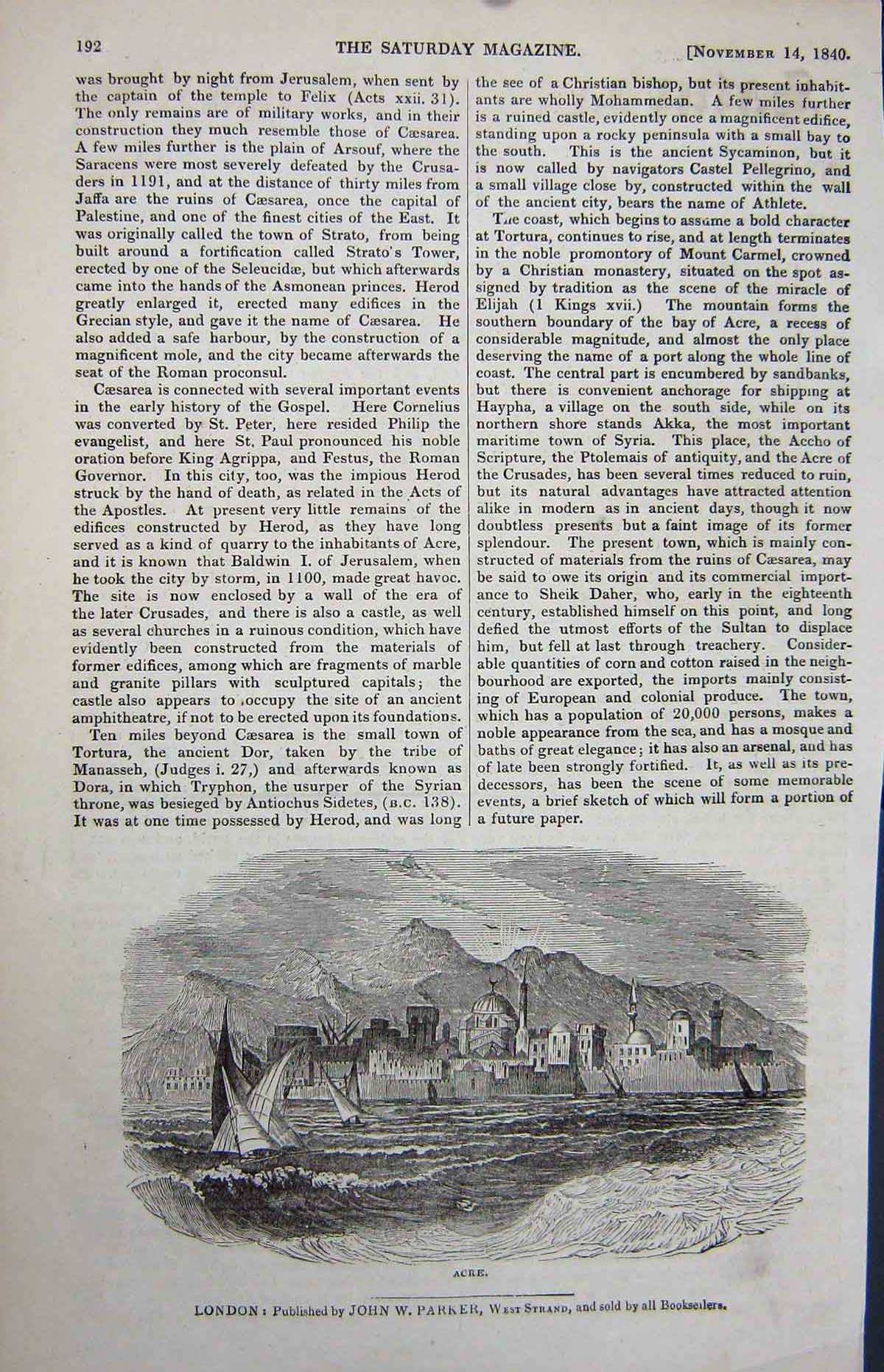 Original Old Antique Print 1840 View Town Acre Mountains Houses Yachts 19th