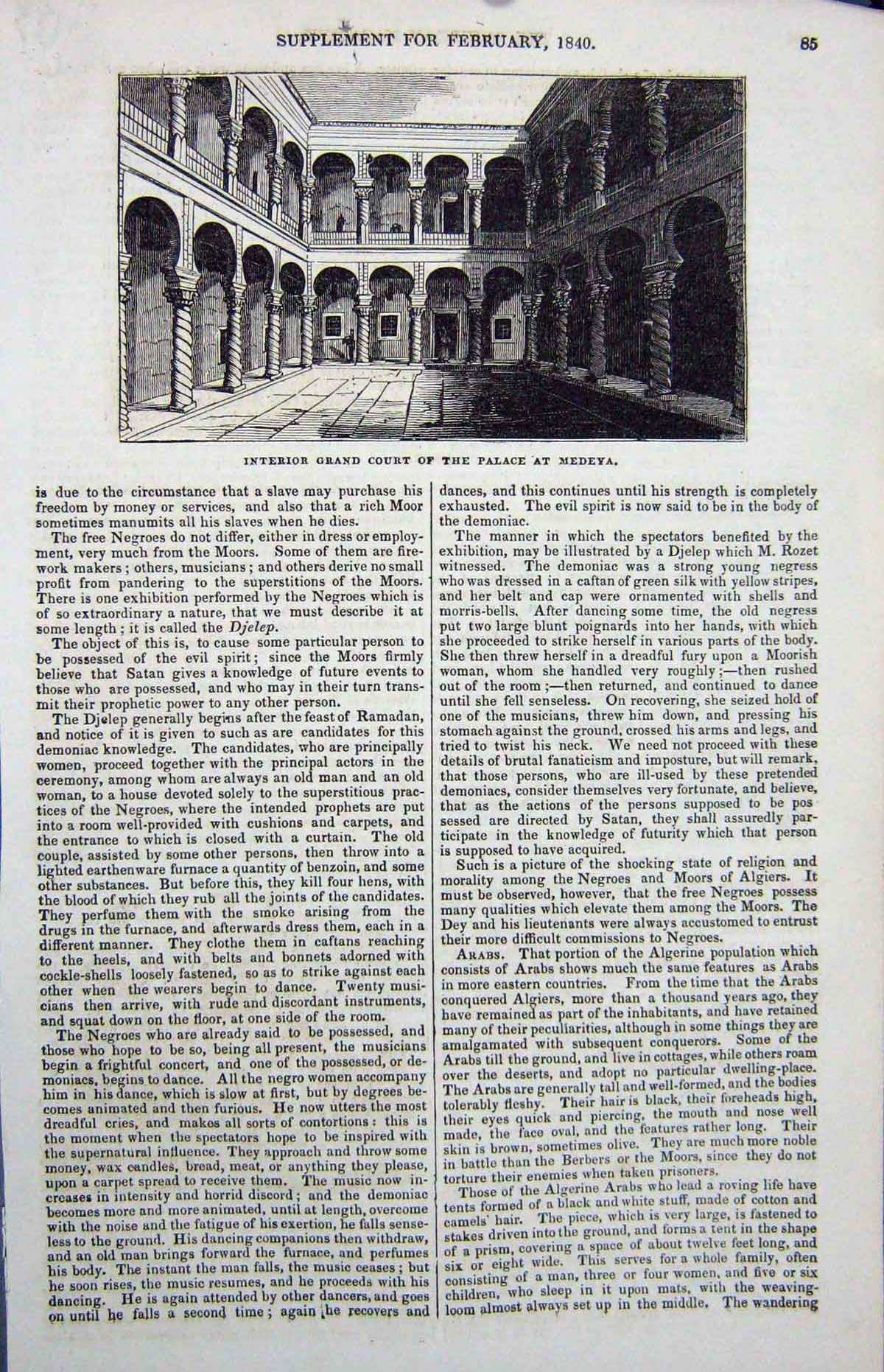 Original Old Antique Print 1840 Interior Grand Court Palace Medeya Architecture
