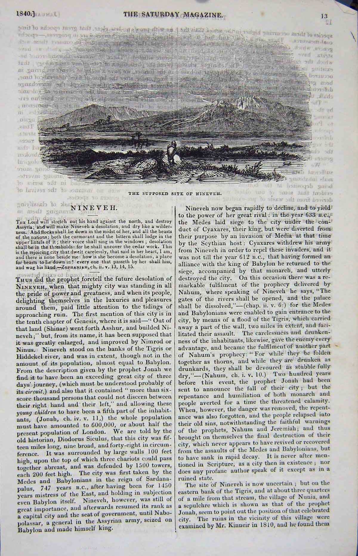 Original Old Antique Print 1840 Mountains Site Nineveh 19th Century