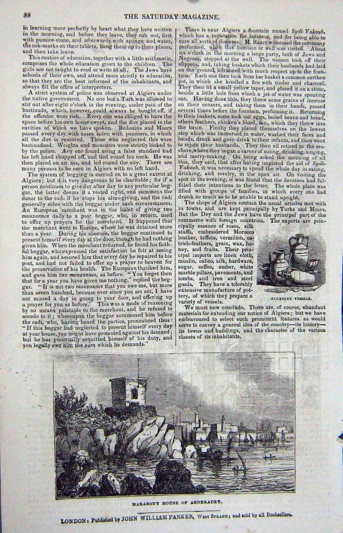Original Old Antique Print 1840 Algerine Vessels Jugs Marabout House Abdekadet