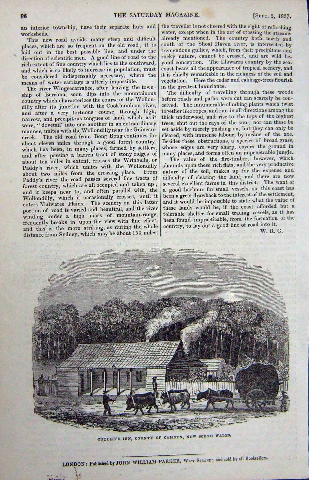 Old Antique Print 1837 Cutler'S Inn County Camden South Wales Australia 19th