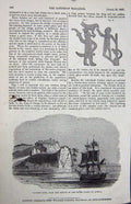 Original Old Antique Print 1837 Fetishe Rock River Zaire Africa Sailing Ship