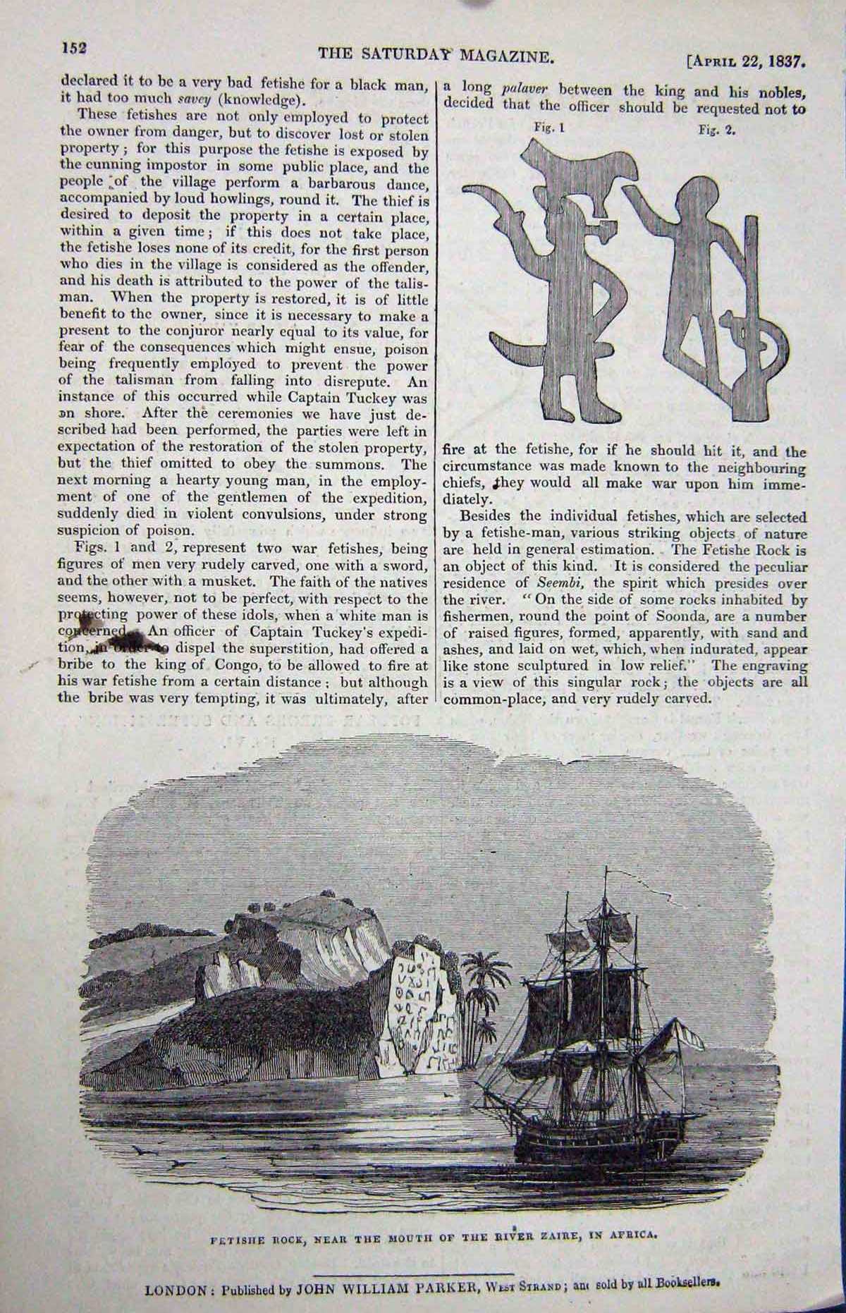 Original Old Antique Print 1837 Fetishe Rock River Zaire Africa Sailing Ship