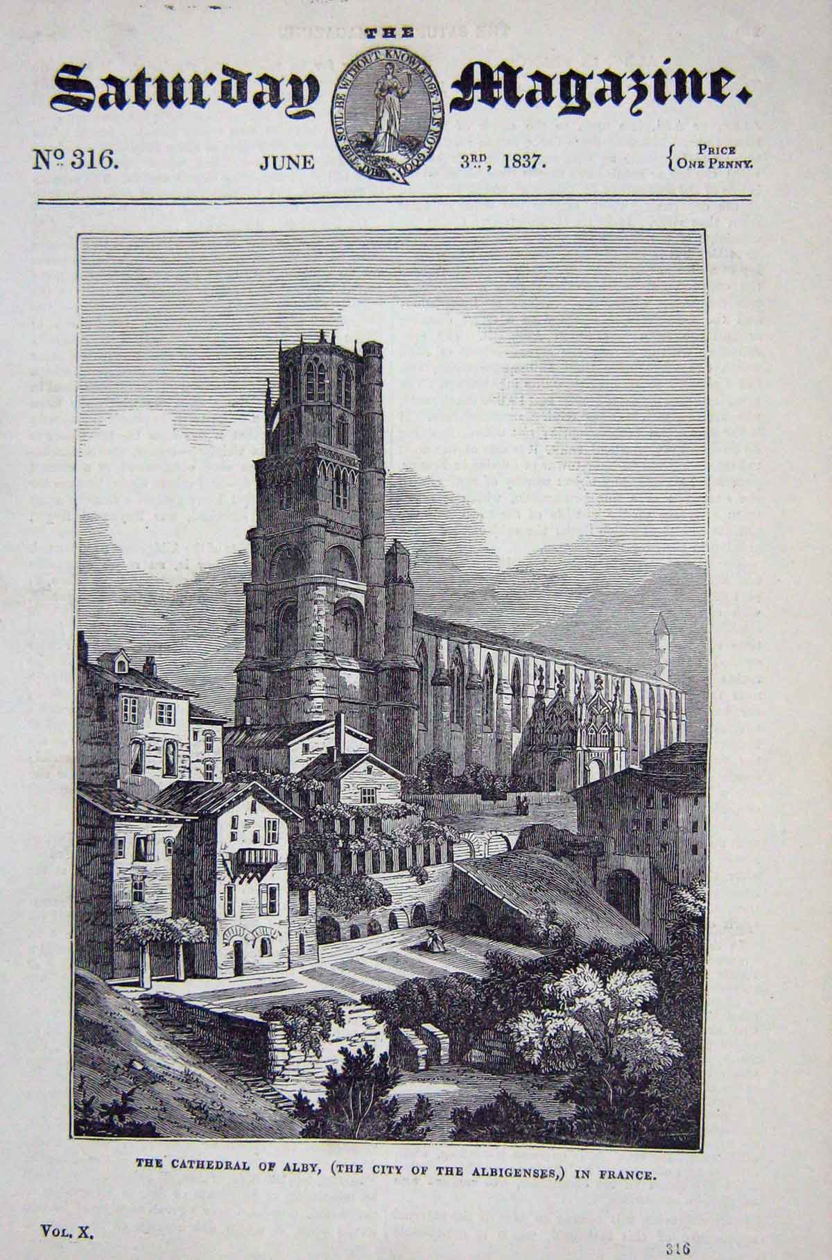 Original Old Antique Print 1837 Cathedral Alby City Albingeneses France 19th