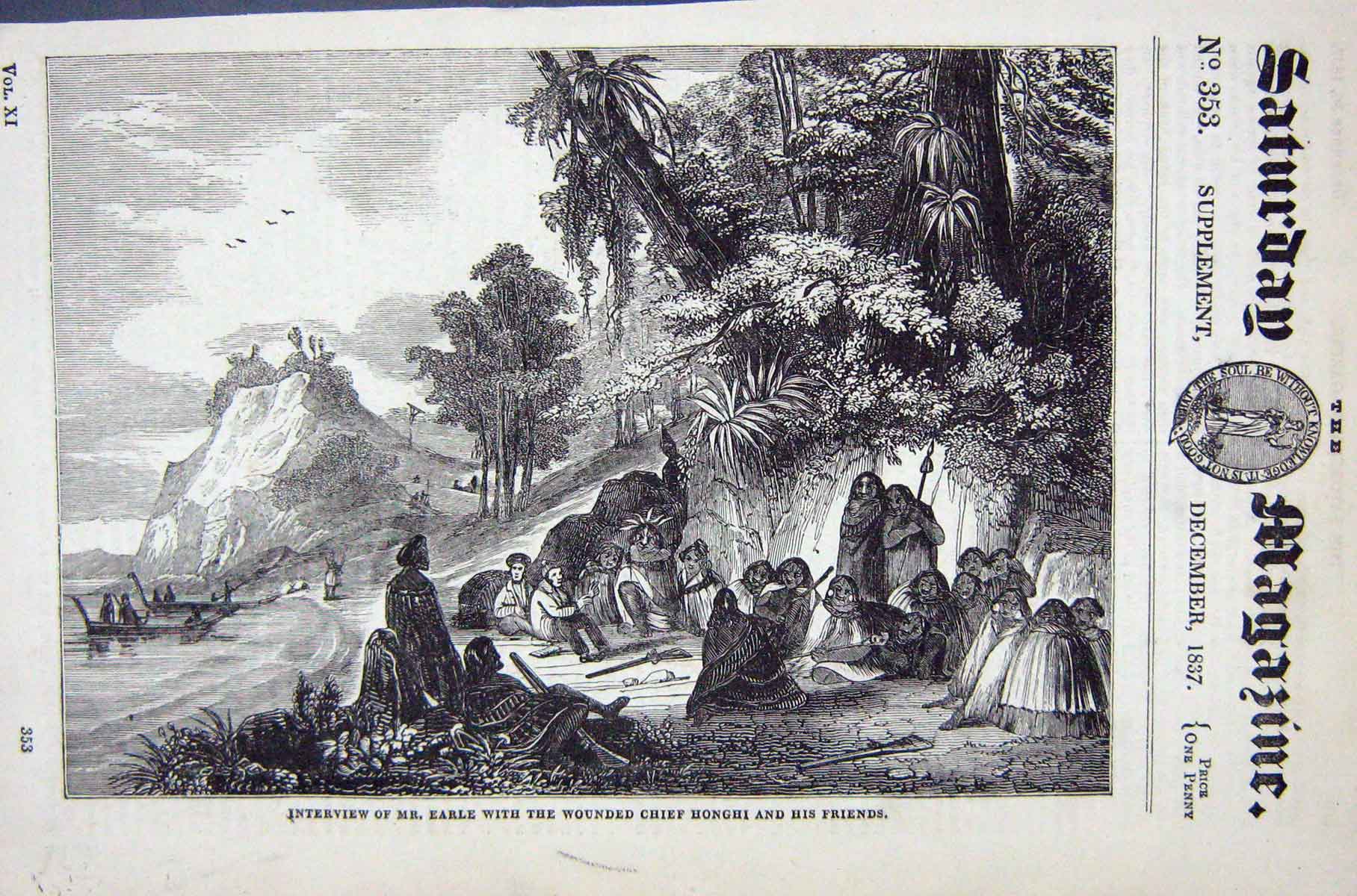 Original Old Antique Print 1837 Interview Mr Earle Wounded Chief Honghi Friends