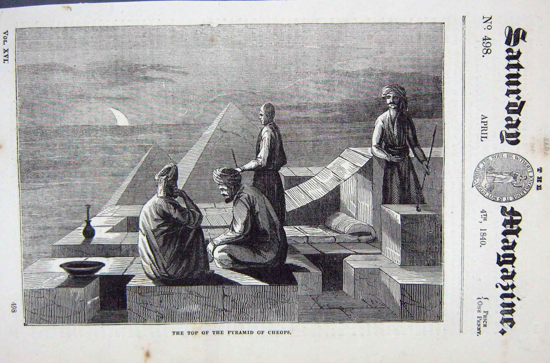 Original Old Antique Print 1840 Scene Top Pyramid Cheops Moonlight Victorian