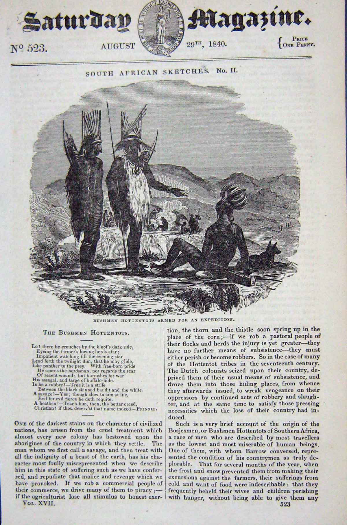 Original Old Antique Print 1840 View Bushmen Hottentots Armed Expedition 19th