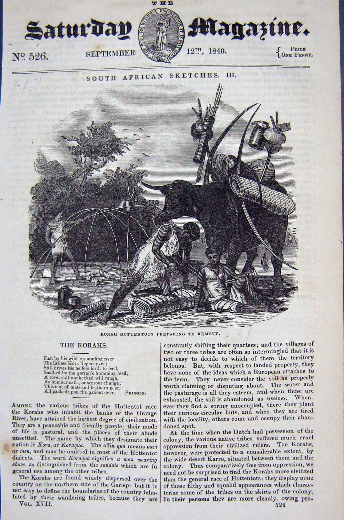 Original Old Antique Print 1840 Scene Korah Hottentots Prepairing Remove 19th