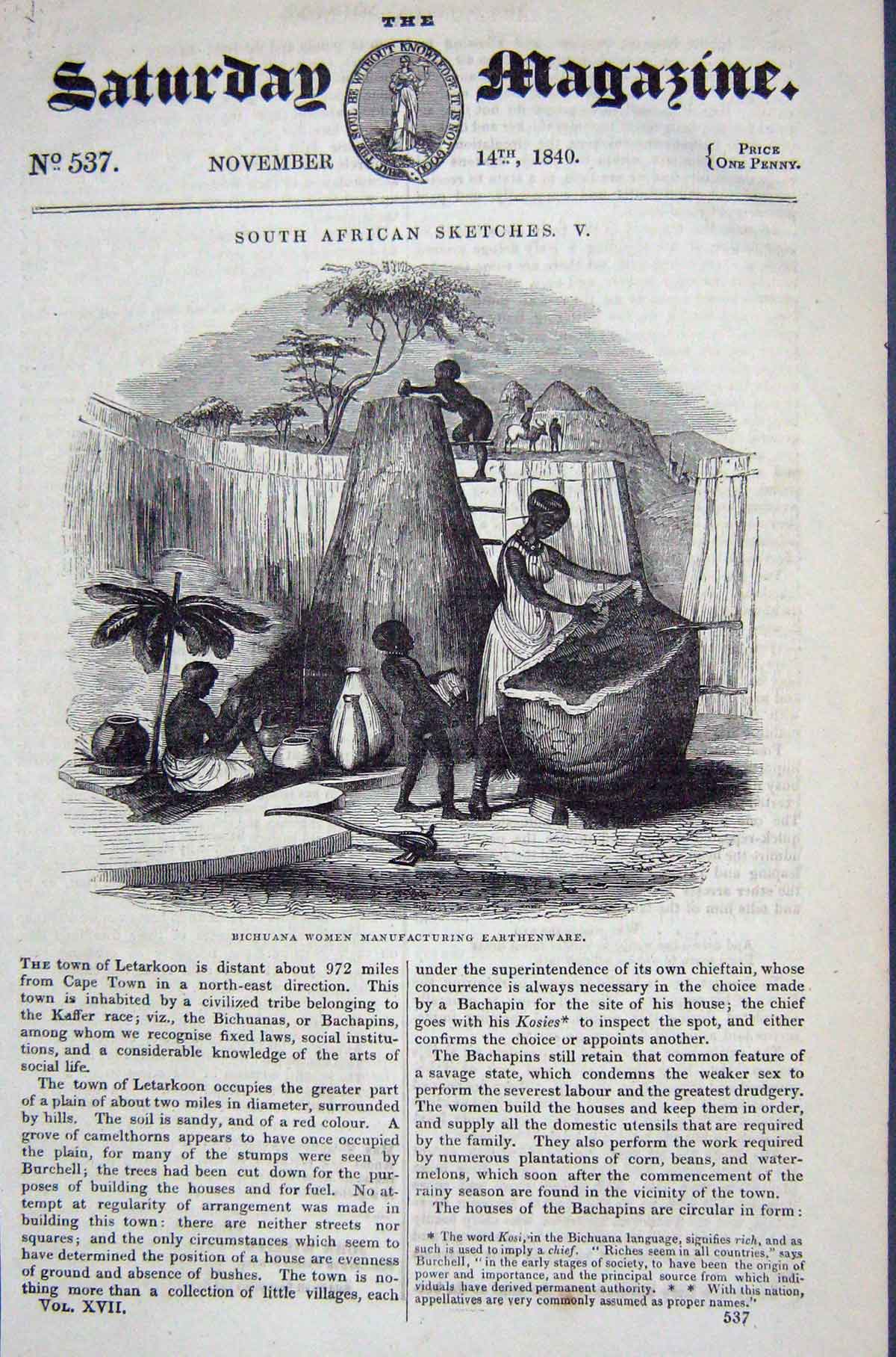 Original Old Antique Print 1840 Bichuana Women Manufacturing Earthenware 19th
