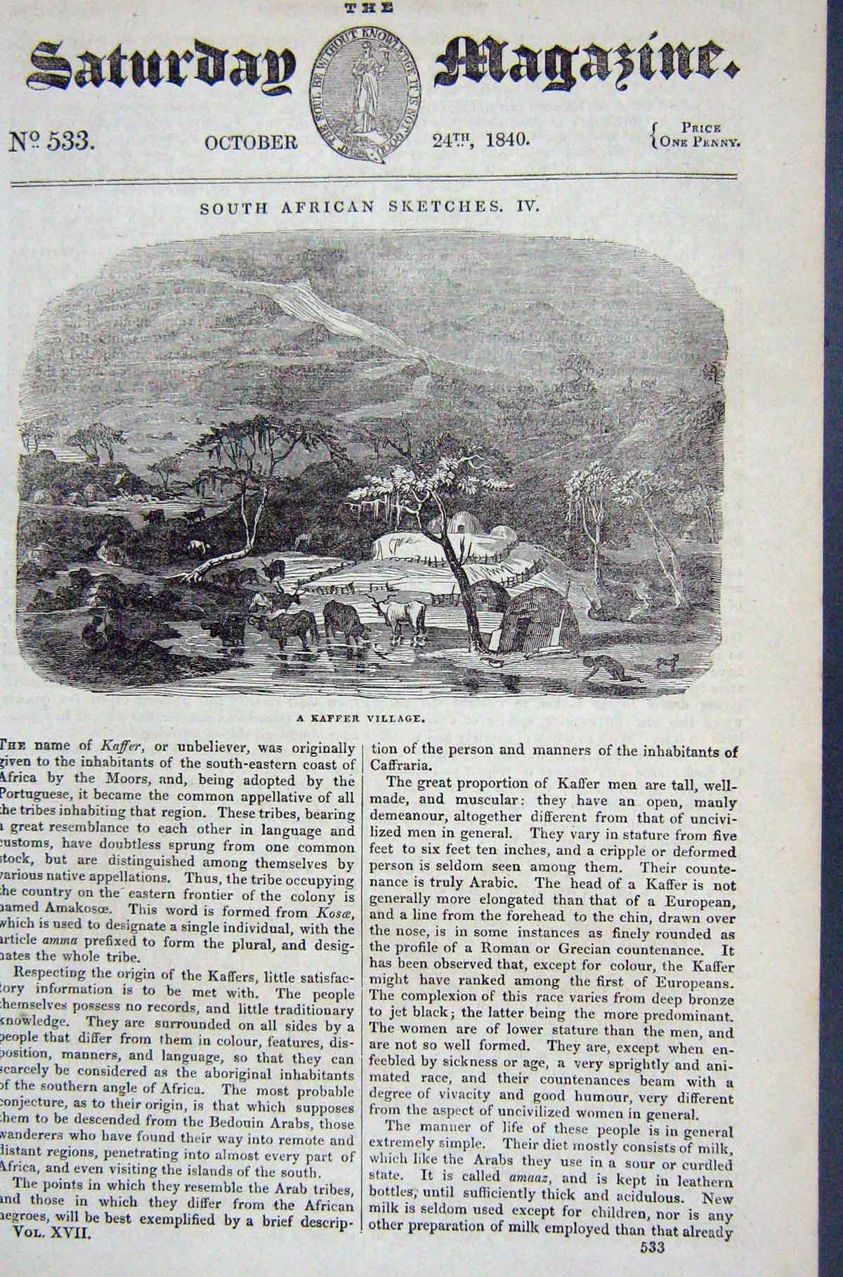 Original Old Antique Print 1840 View Kaffir Village Africa 19th