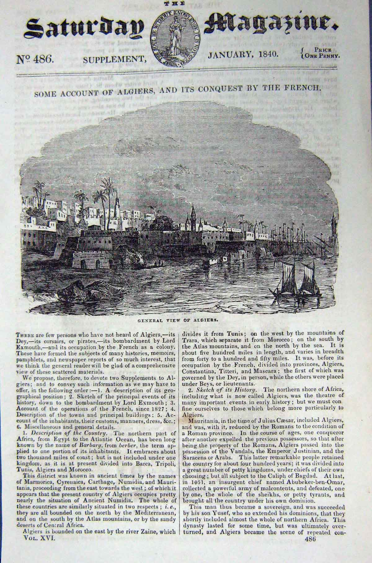 Original Old Antique Print 1840 General View Algiers Africa 19th