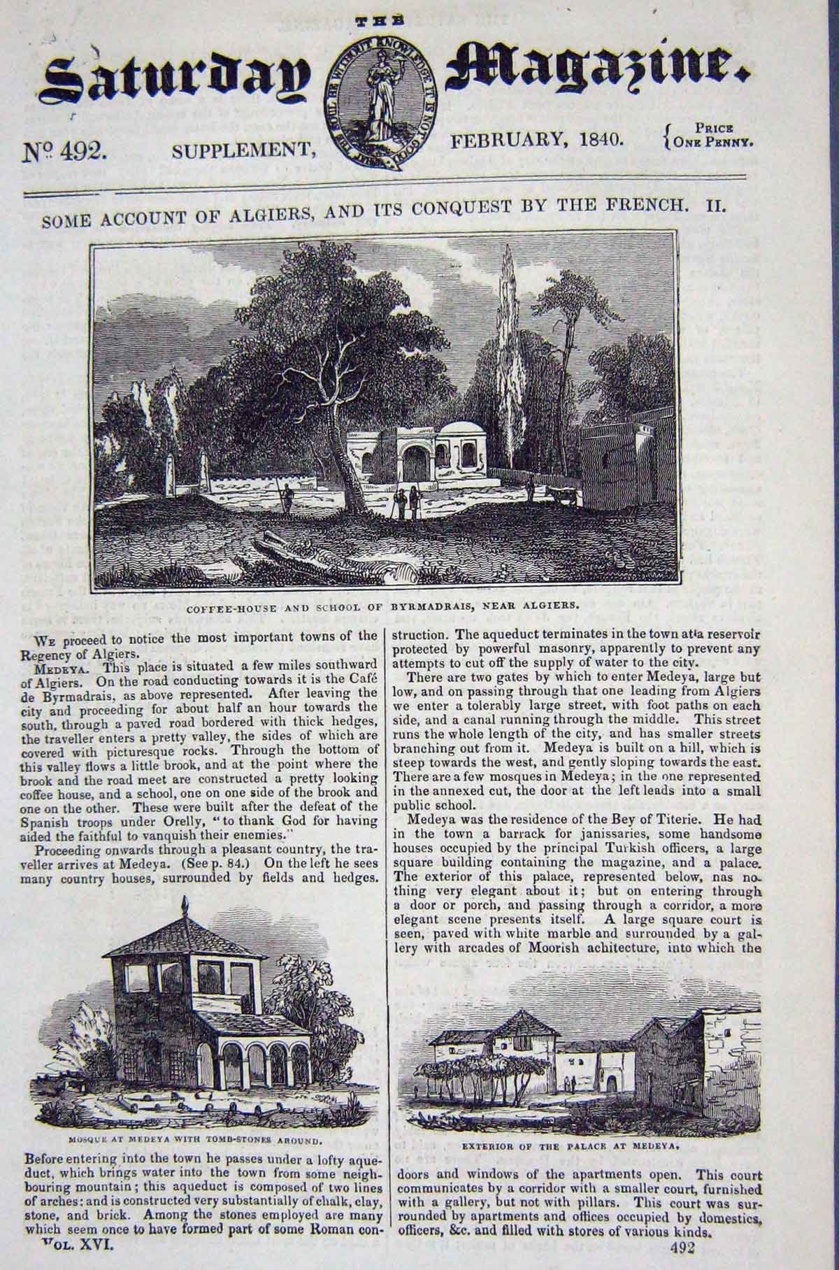 Original Old Antique Print 1840 Coffee House School Byrmadrais Algiers Mosque
