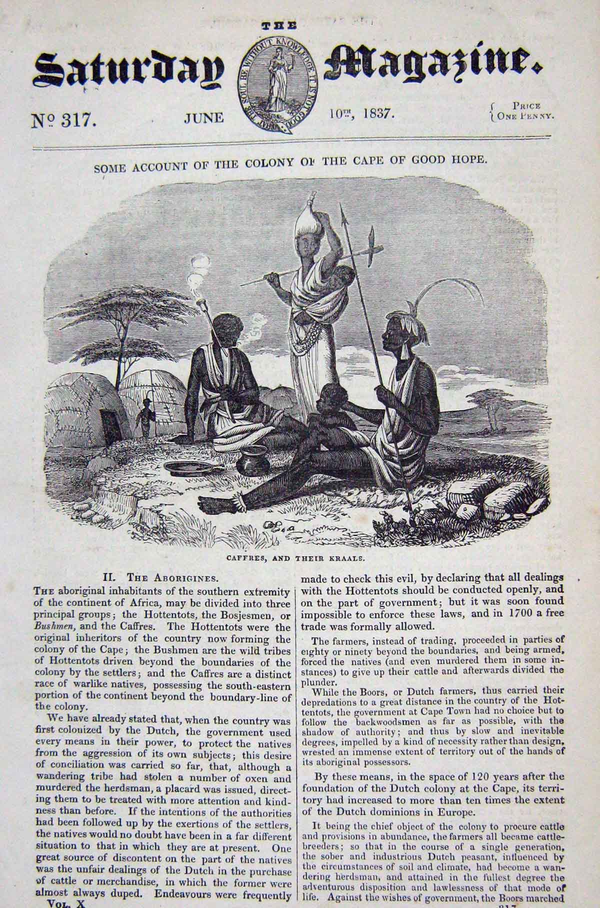 Original Old Antique Print 1837 Cape Good Hope Caffres Kraals Aborigines 19th